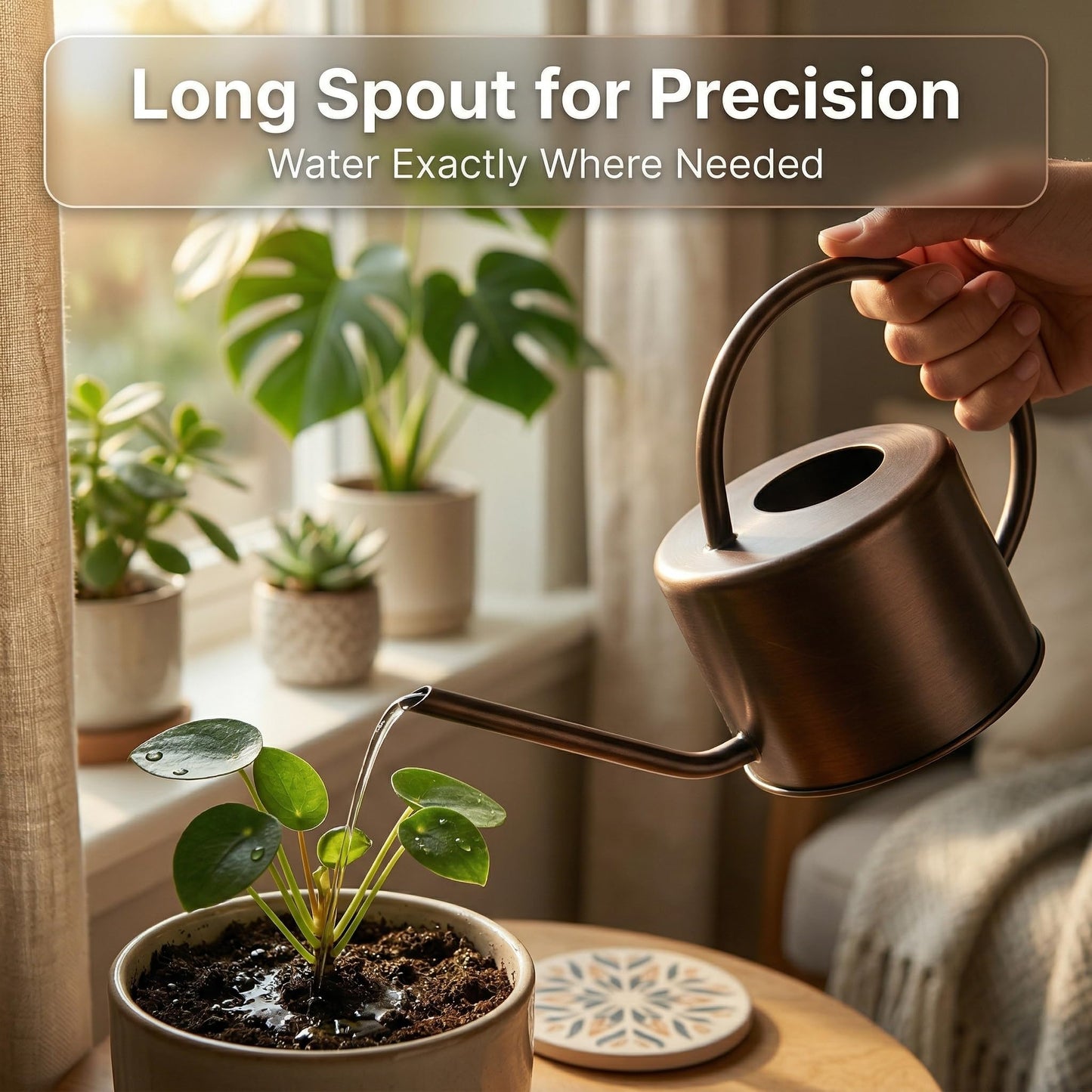 DUAVALLY Metal Long Spout Watering Can 32oz. Modern Style Watering Pot with Handle and Long Spout,Retro Watering Pot for Outdoor and Indoor House Plants,Gold