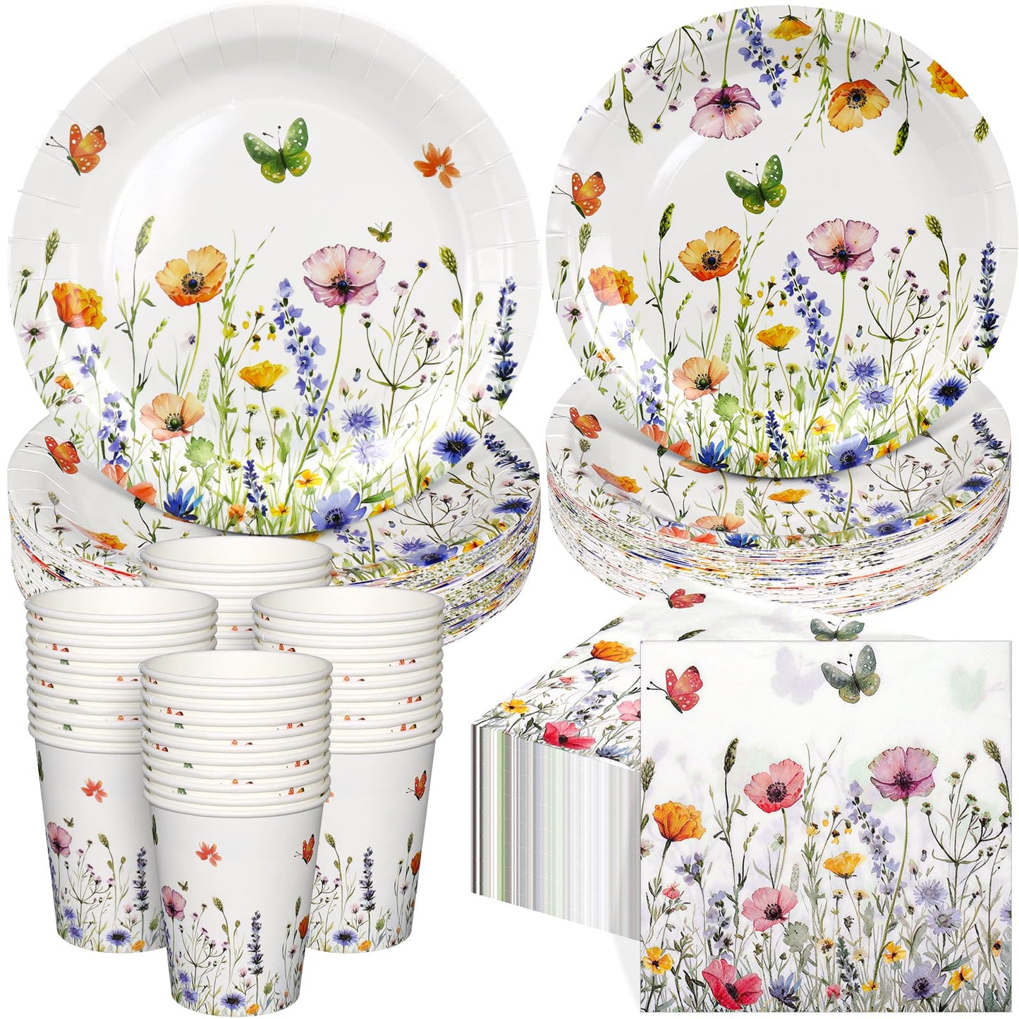 250 Pcs Wildflower Party Supplies Include Spring Floral 9 Inch and 7 Inch Paper Plates Napkins and Cups for Baby Shower Wedding Tea Party Decorations, Serve 50 Guest (Pink)