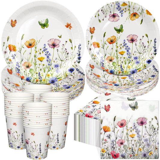 250 Pcs Wildflower Party Supplies Include Spring Floral 9 Inch and 7 Inch Paper Plates Napkins and Cups for Baby Shower Wedding Tea Party Decorations, Serve 50 Guest (Pink)