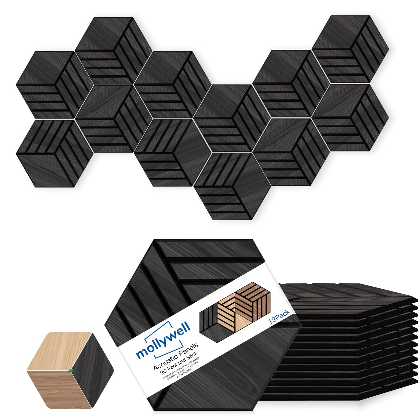 Mollywell Hexagon Acoustic Panels, Black Oak TW4, 14x12x0.4 Inch, 12 Pack |Wood Veneer|High Density Sound Proofing Wall Panels|Self Adhesive Sound Dampening Felt Wall Tiles|Home Theater|Gaming Room|