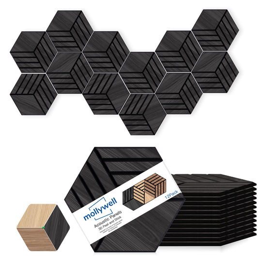 Mollywell Hexagon Acoustic Panels, Black Oak TW4, 14x12x0.4 Inch, 12 Pack |Wood Veneer|High Density Sound Proofing Wall Panels|Self Adhesive Sound Dampening Felt Wall Tiles|Home Theater|Gaming Room|