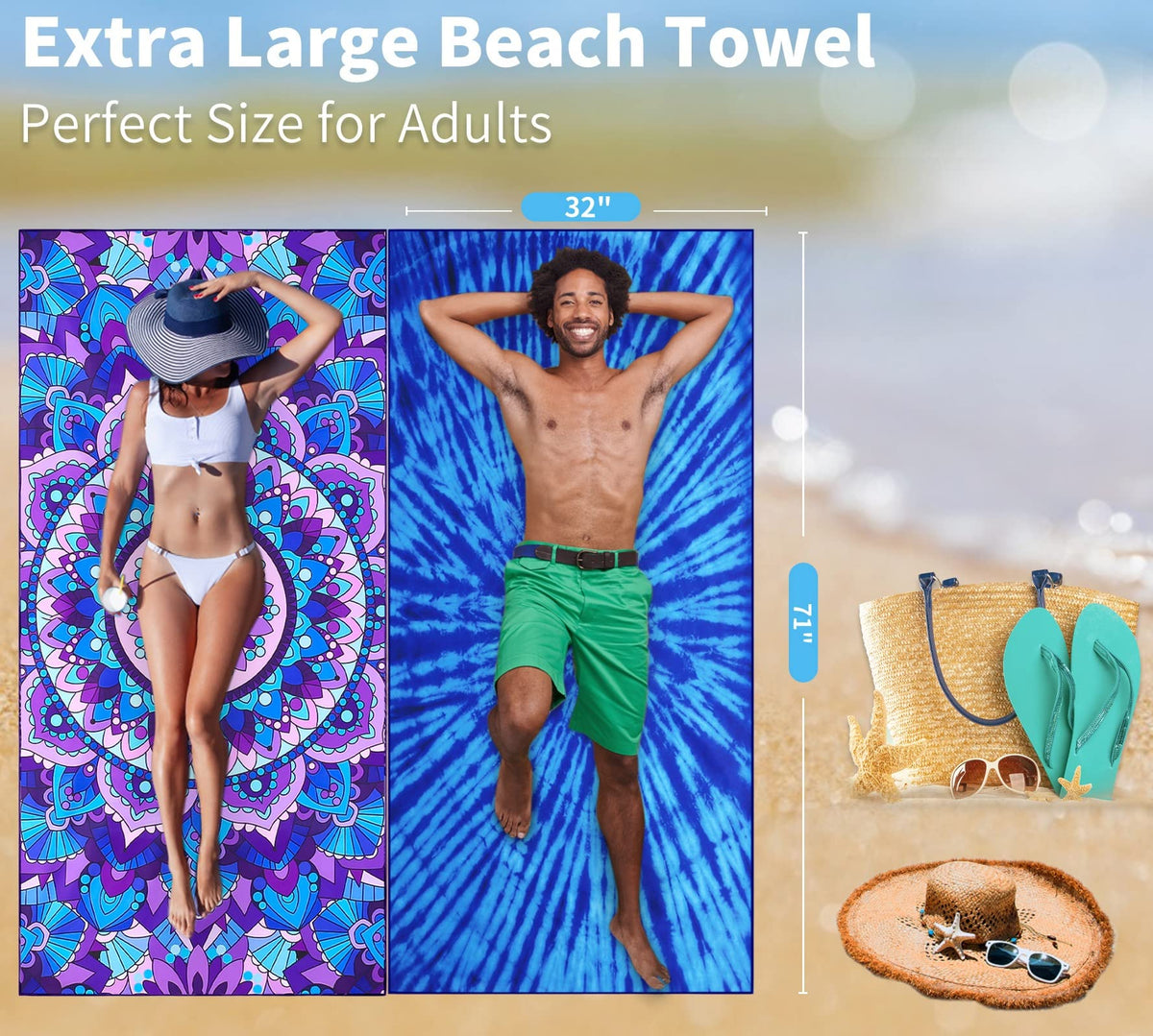 4 Pack Lightweight Thin Beach Towel Oversized 71"x32" Big Extra Large Microfiber Sand Free Towels for Adult Quick Dry Travel Camping Beach Accessories Vacation Gift Mandala Flower Blue Turtle Tie Dye