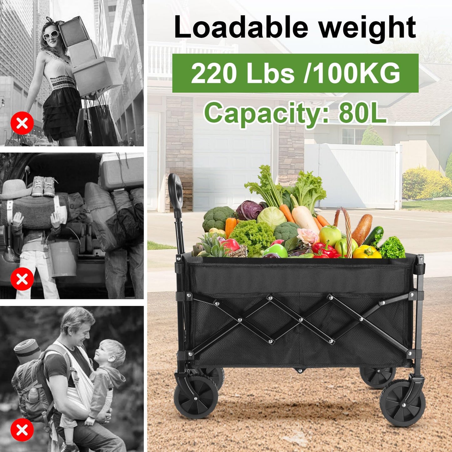 cjc 220LBS Folding Wagon Cart, Heavy-Duty Wagon Carts Foldable with 360° All Terrain Wheels, Large Capacity Outdoor Utility Collapsible Wagon for Camping Grocery Beach Garden 27.5" x 16.9" x 35.4"