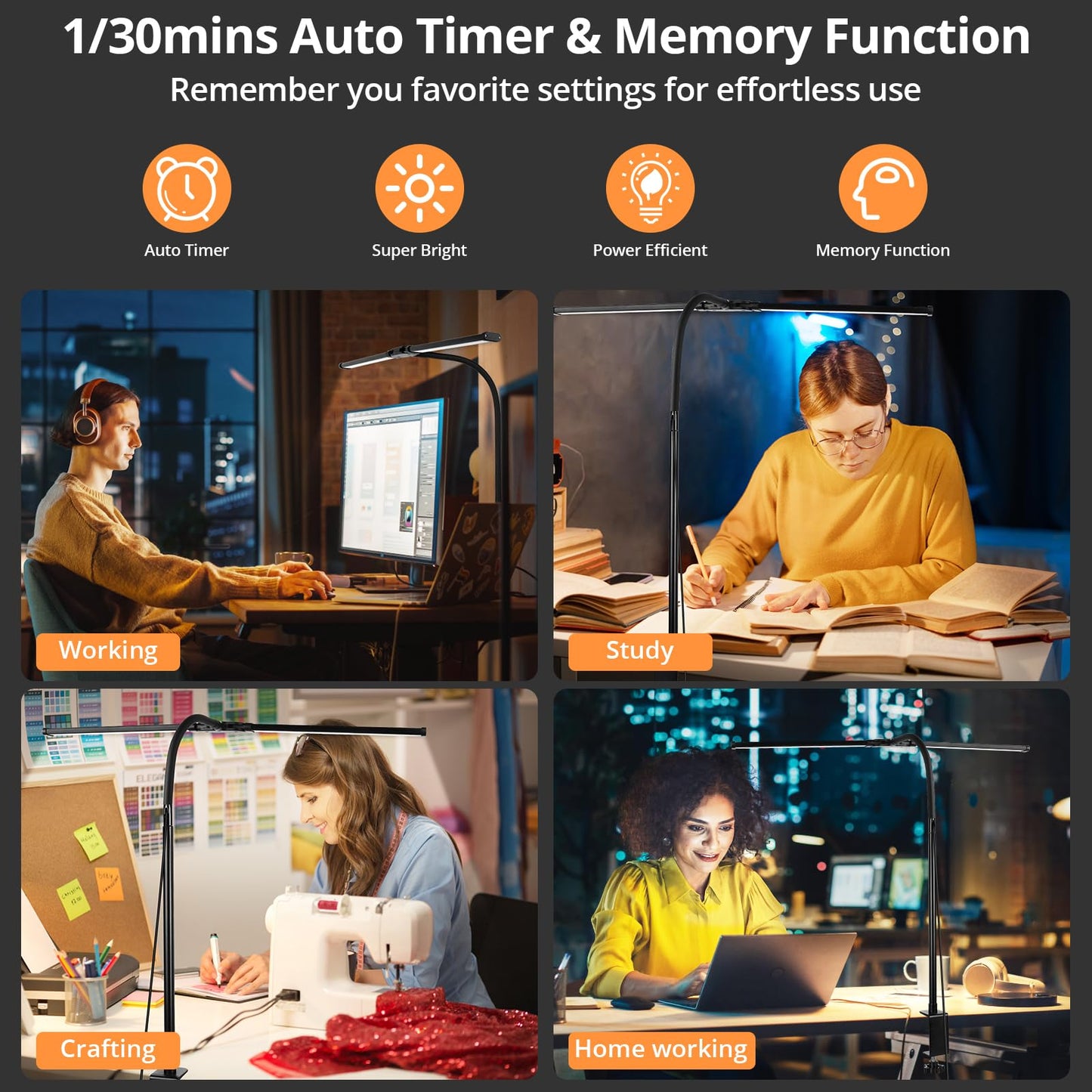 Desk Lamp with Clamp, Eye-Caring Desk Light with 50 Lighting Modes, Wide Double Head, Adjustable Architect Light Flexible Neck, Table lamp for Home Office, Computer, Craft(Includes Adapter)