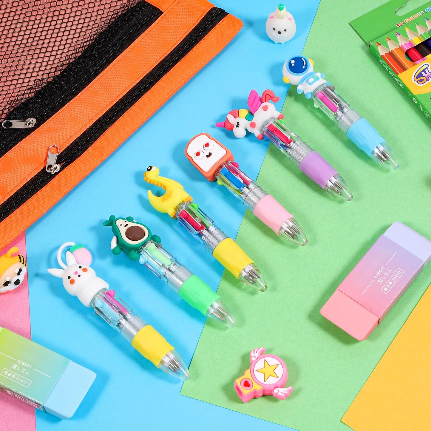 JOLLYFUN 60PCS Mini 4-in-1 Multicolor Retractable Ballpoint Pens - Cute Cartoon Pen Set with Blue Red Black Green Ink - School Supplies, Classroom Prizes, Kids Party Favors, Year End Gifts