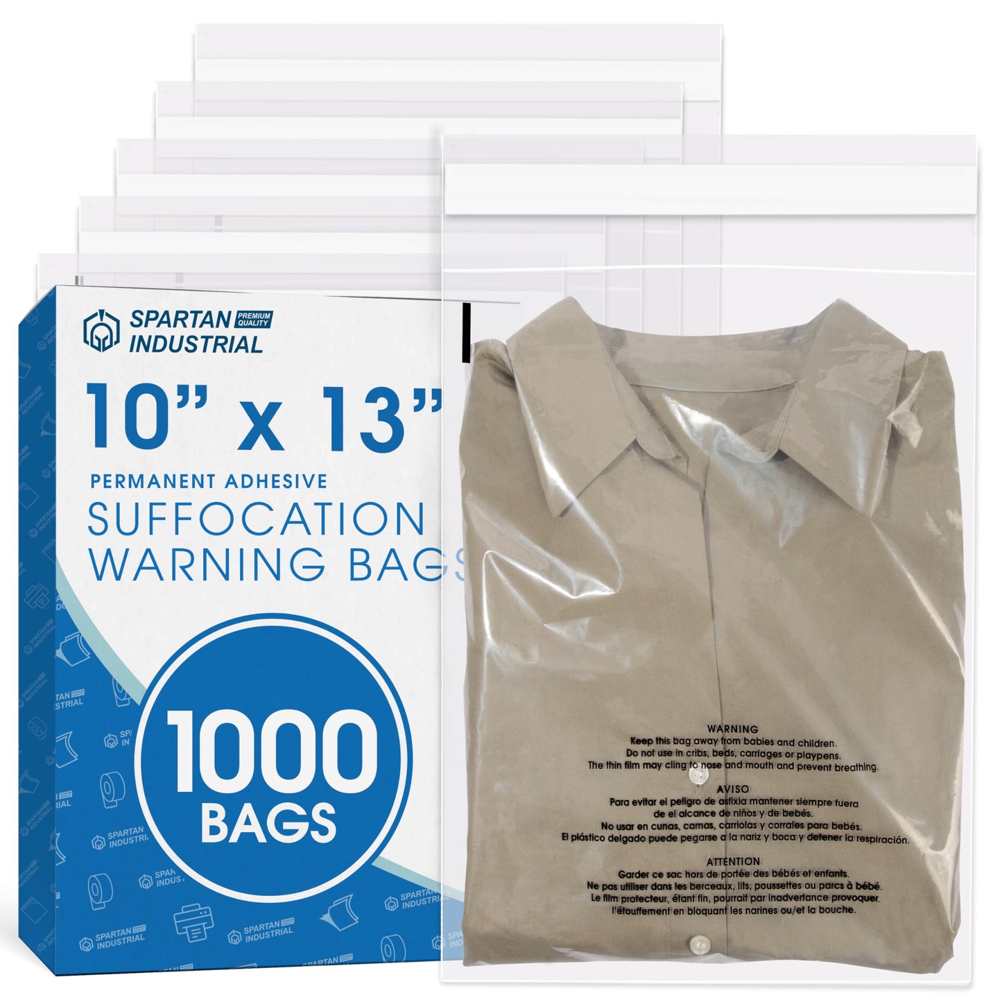 Spartan Industrial - 10" X 13" (1000 Count) Self Seal Clear Poly Bags with Suffocation Warning for Packaging, T Shirts & Shipping - Permanent Adhesive