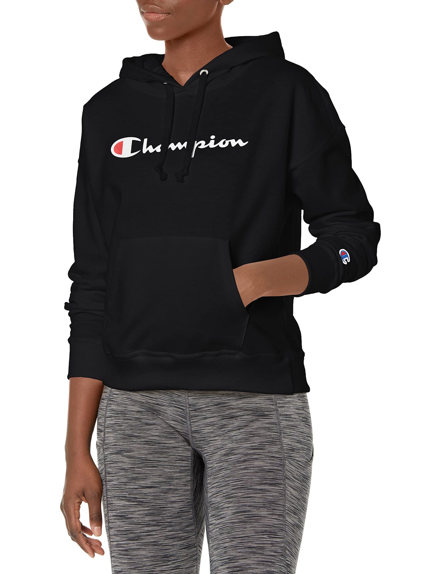 Champion, Powerblend, Fleece, Comfortable Hoodie Sweatshirt for Women (Plus, Black Script, Large