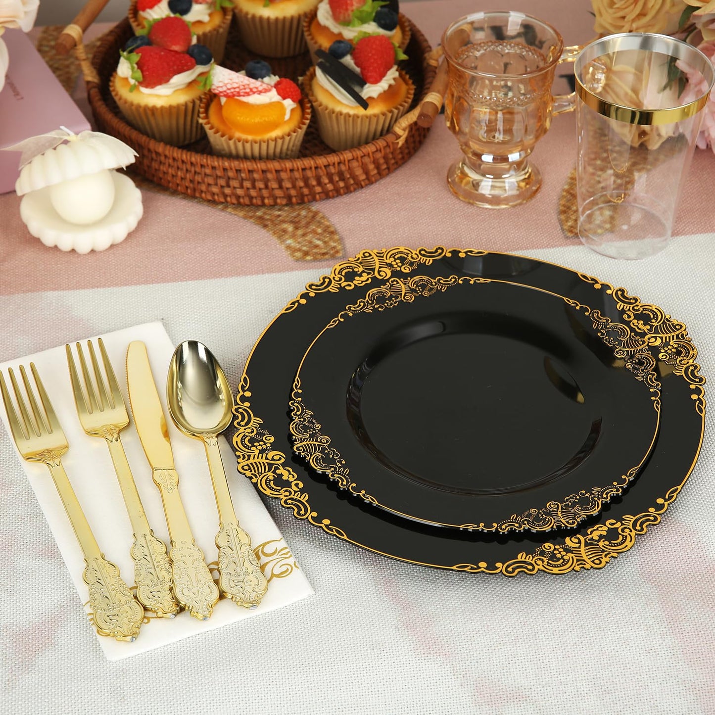175PCS Black Plastic Plates Gold and Black Plates Heavy Duty Gold Plastic Dinnerware for 25 Guests with Gold Silverware Cups, Napkins for Parties & Birthday