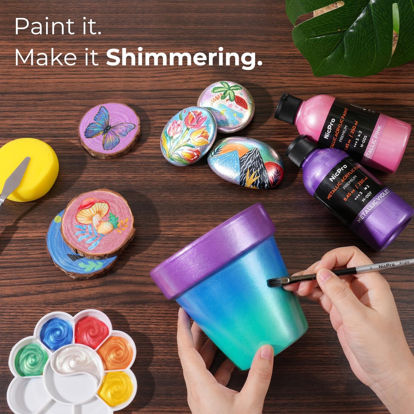 Nicpro 20 Colors Metallic Acrylic Paint Set (8.45 oz, 250 ml), Large Acrylic Paint Bulk, Non Toxic Art Painting Supplies for Multi Surface Canvas Rock Wood Leather Stone Metal with Color Wheel