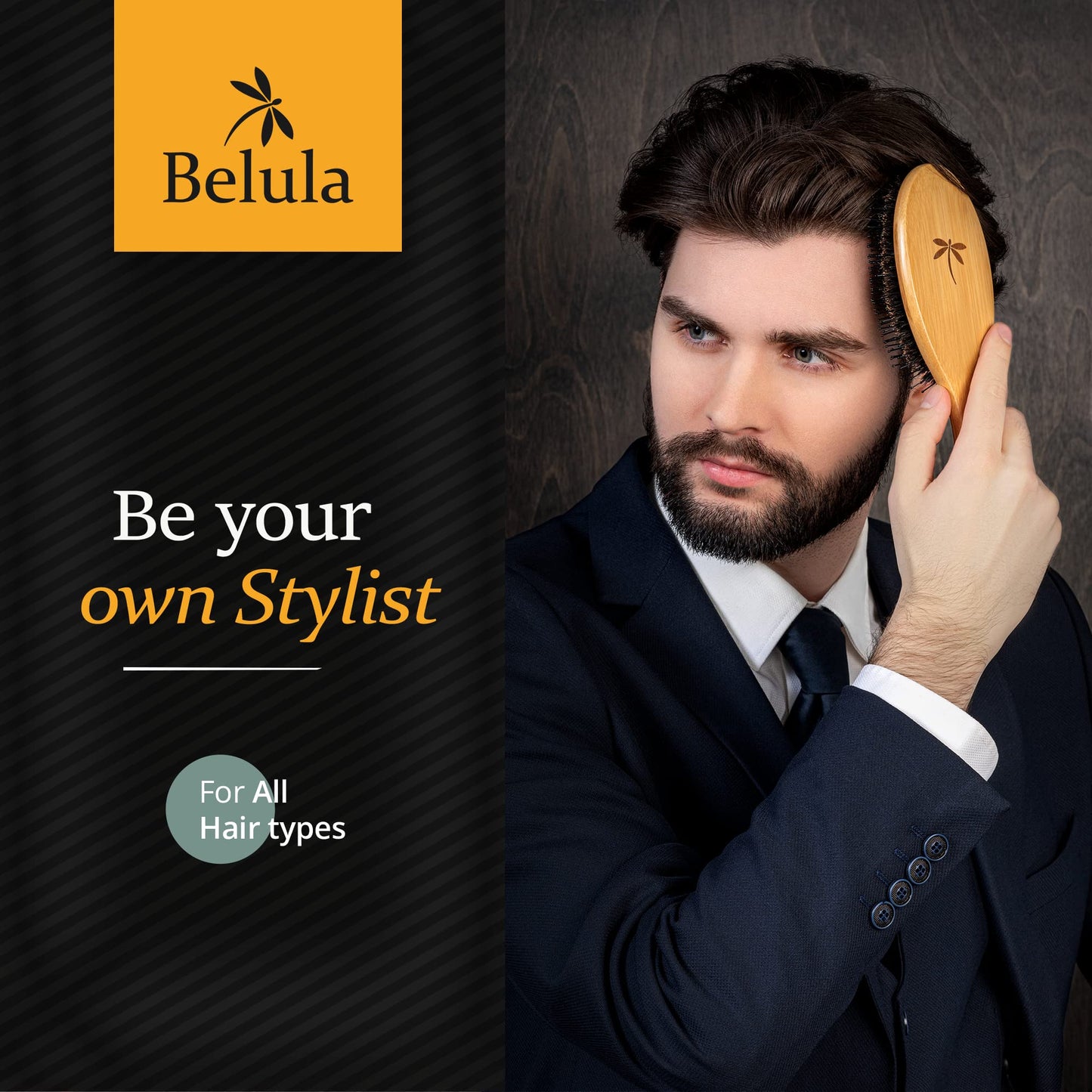 Belula Premium Boar Bristle Hair Brush for Men Set.Styling Mens' Hair Brush with Nylon Pins. Boar Bristle Brush, 2 x Palm Brush, Wooden Comb & Travel Bag Included.