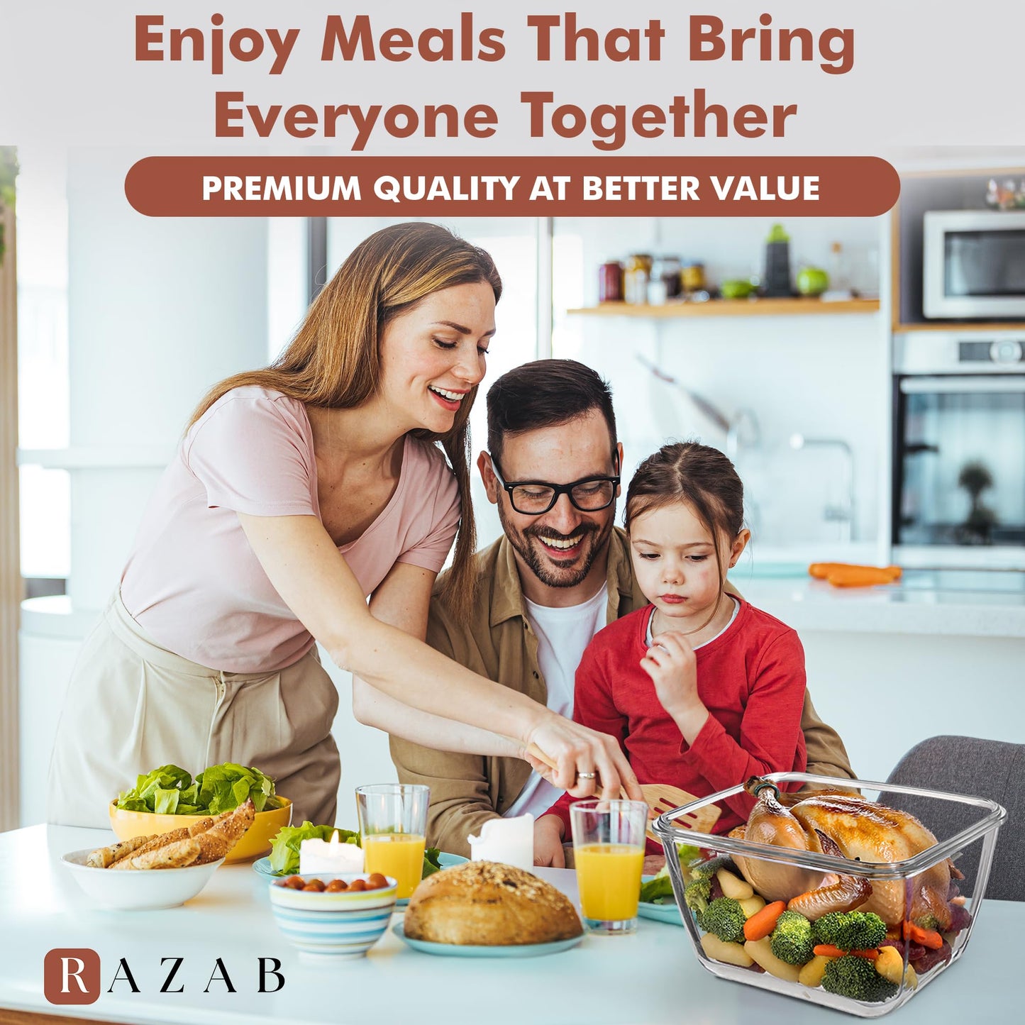 Razab 17 Cups / 132 Oz / 3900ml Large Glass Container Food Storage with Lids - Leakproof, BPA-Free Large Meal Prep Container Ideal for Roasting Turkey, Store Leftover - Microwave & Oven Safe