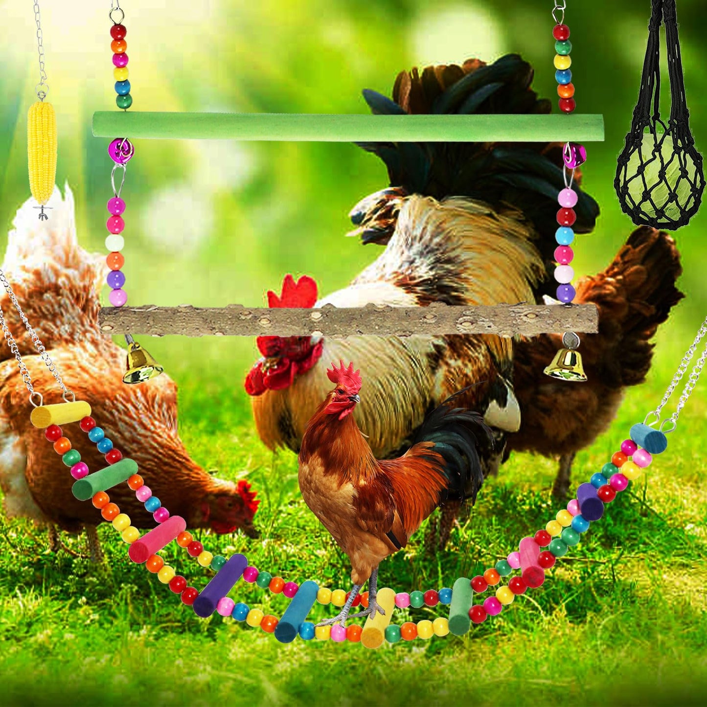 Qivine Chicken Toys for Coop with Swings for Coops, 10Pcs Chicken Toys for Your Chickens with Chicken Mirror, Hanging Chicken Enrichment Toys for Chickens