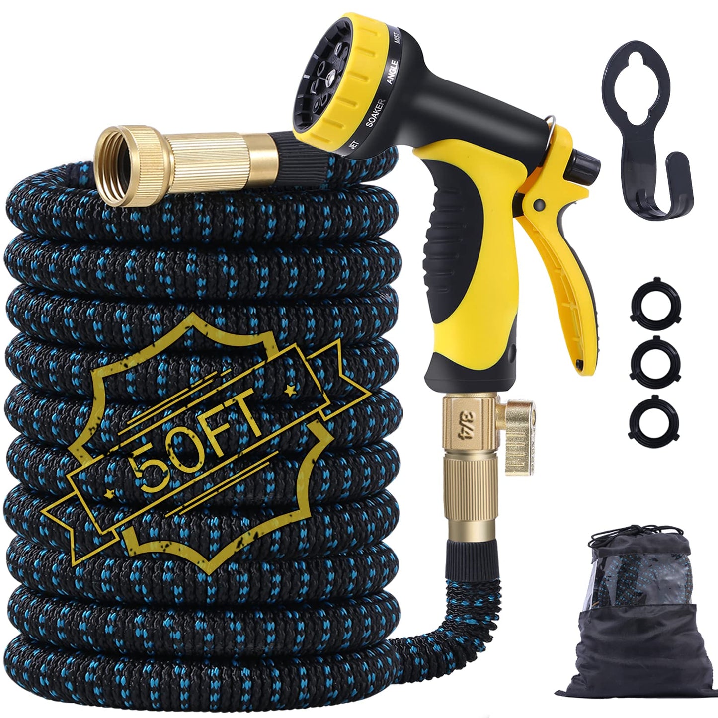 Expandable Garden Hose, 50ft Water Hose Flexible Garden Hose with Triple Latex Core,10 Function Water Spray Nozzle,3/4" Solid Brass Fittings,Retractable Fabric,Leakproof No-Kink Expanding Hose