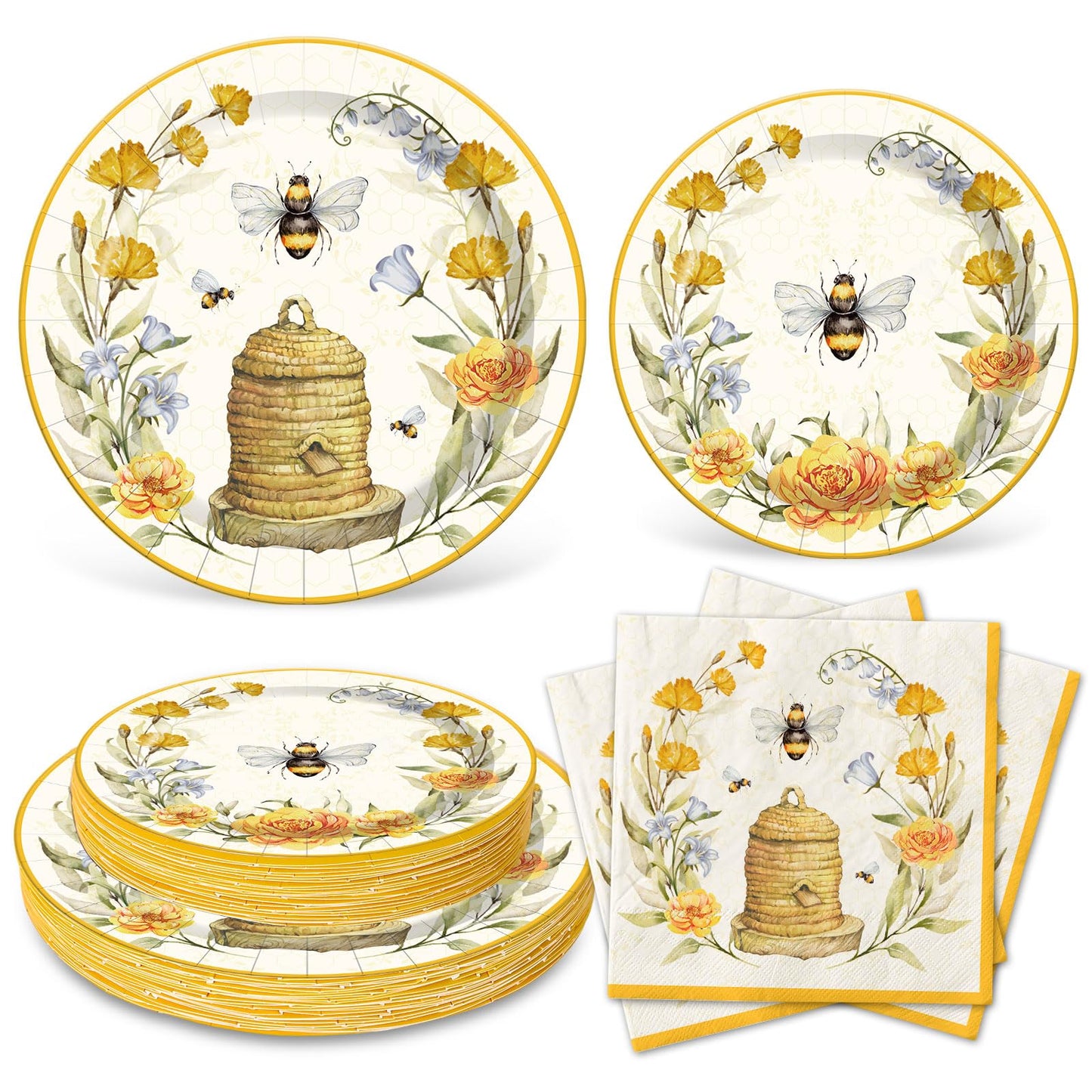Whaline Bee Tableware Party Decorations Summer Bee Flower Disposable Dinnerware Set for Wedding Birthday Baby Shower Holiday Party Supplies Table Decor, Serve 24