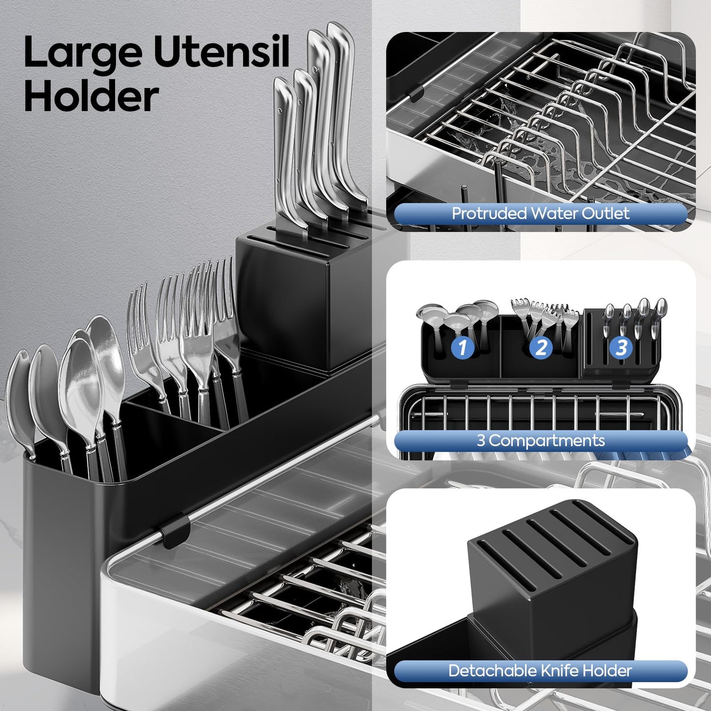 Expandable Dish Rack with Drainboard - Stainless Steel Dish Drainer with Removable Cutlery Tray, Foldable Cup Holder, Elevated Feet, Multifunctional Drainboard for Sink Countertop Kitchen Storage