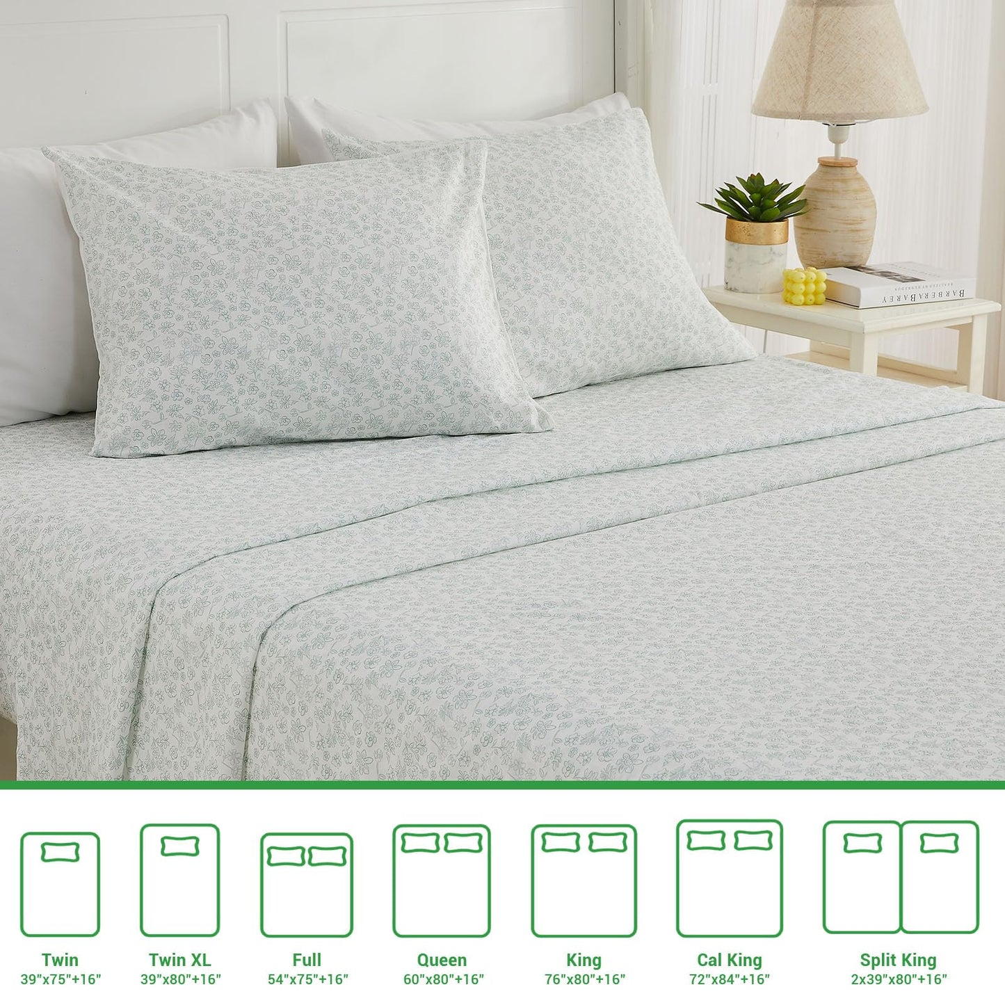 Gogreen 100% Cotton Sheet Set Queen Size, Light Geen Floral, 4PC Set, Breathable Bed Sheet for Hot Sleeper and Night Sweats, Deep Pocket Up to 16 Inches