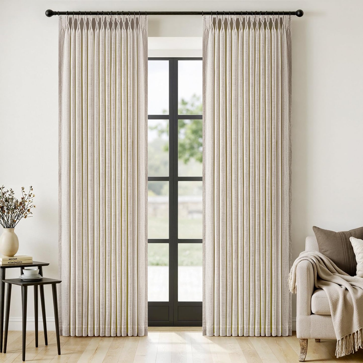 MIULEE Pinch Pleated Linen Curtains 96 Inches Long 2 Panels for Living Room Bedroom, Thick Texture Linen Drapes Pinch Pleat Back Tab Semi Sheer Privacy Neutral Ivory Cream Farmhouse Window Curtains