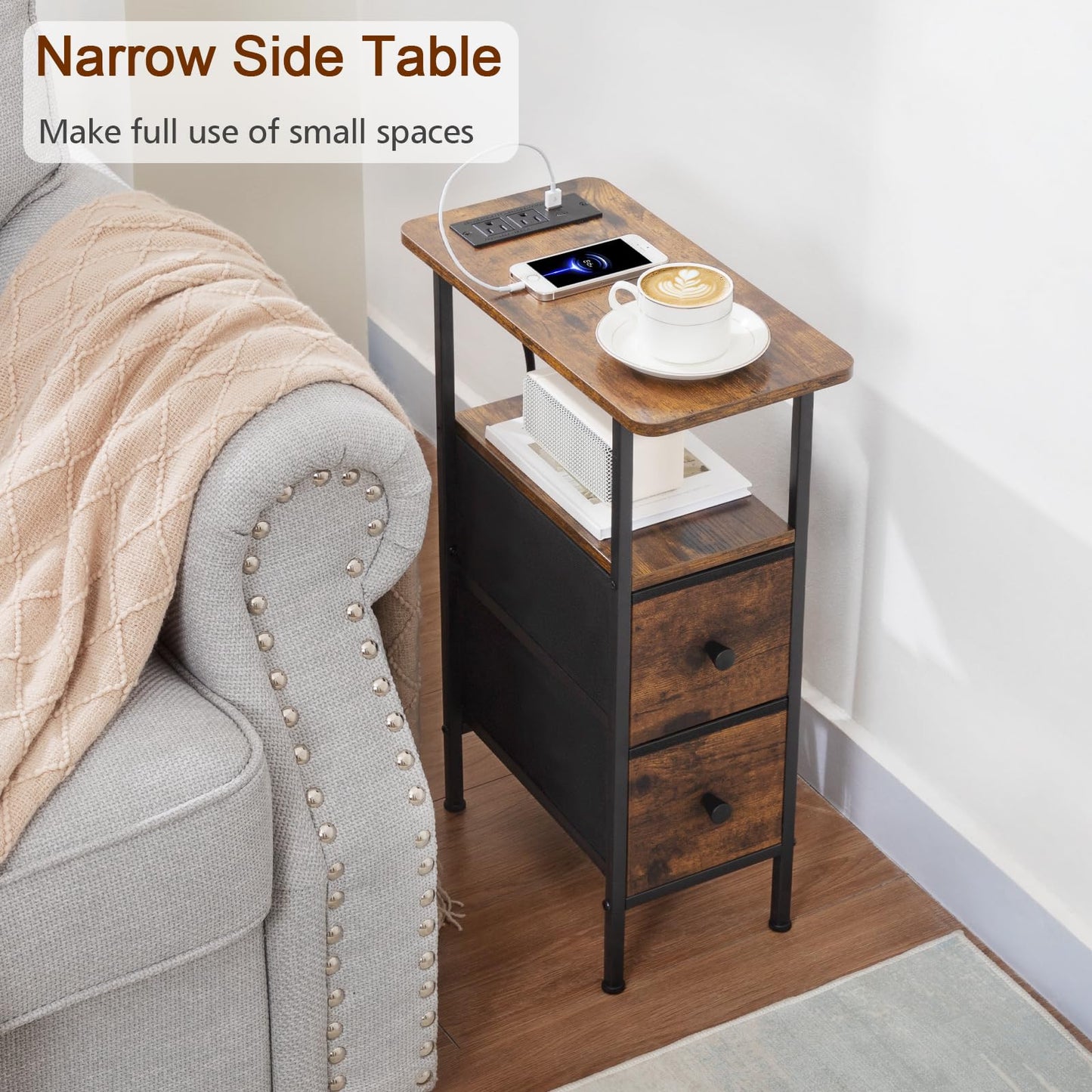LOAKEKEL Narrow End Table Living Room with Charging Station, Skinny Side Table with Fabric Drawers, Slim Nightstand for Bedroom, Small Spaces, Couch, Brown, HETNDP02BR-1