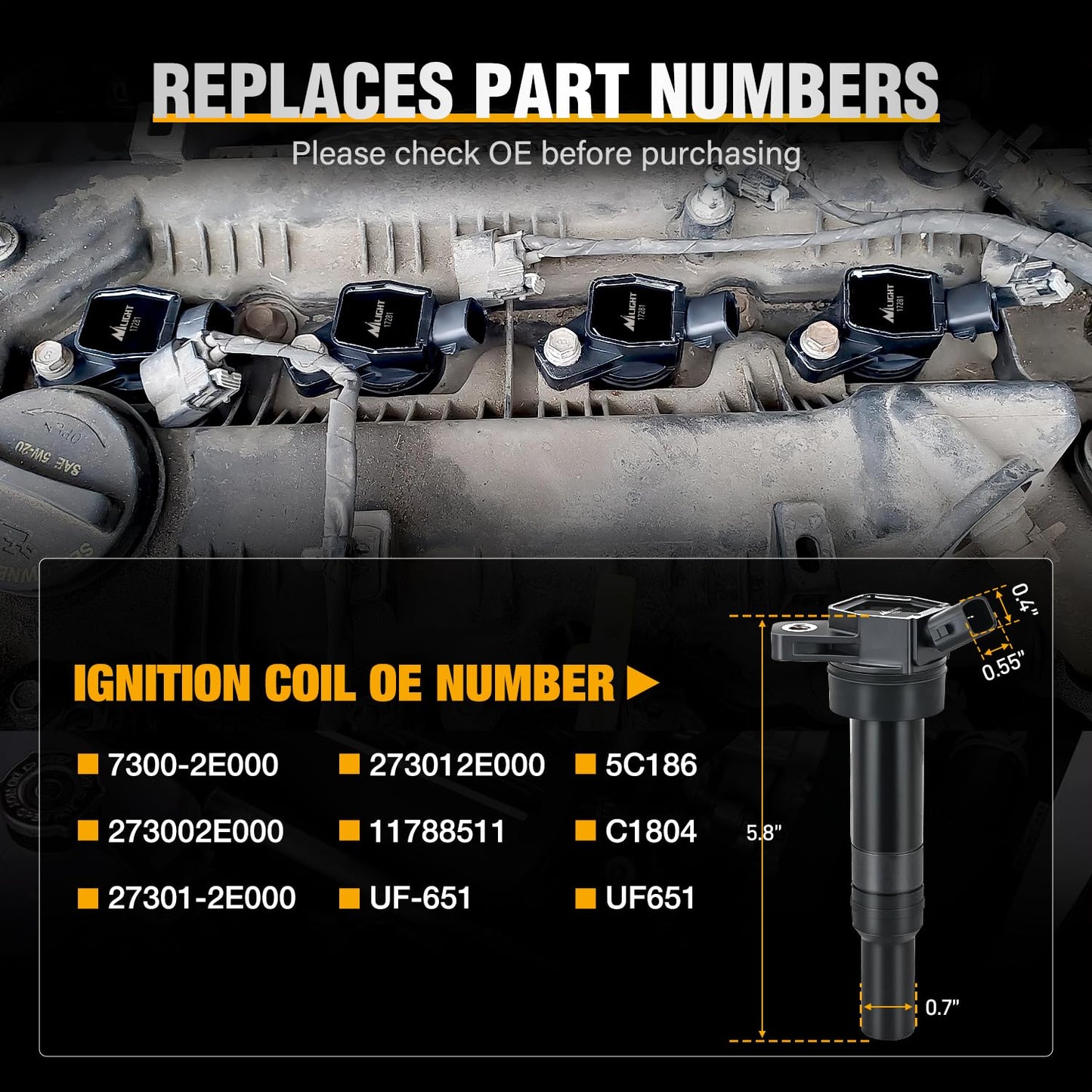 Nilight Ignition Coil Packs Set of 4 Fit UF651 for Hyundai KIA 2011 2012 2013 2014 2015 2016 17 18 19 2020 Tucson Elantra Soul FORTE 1.8 2.0L OE#5C1861 C1804 11788511 273002E000 (2-pin) Ignition Coils
