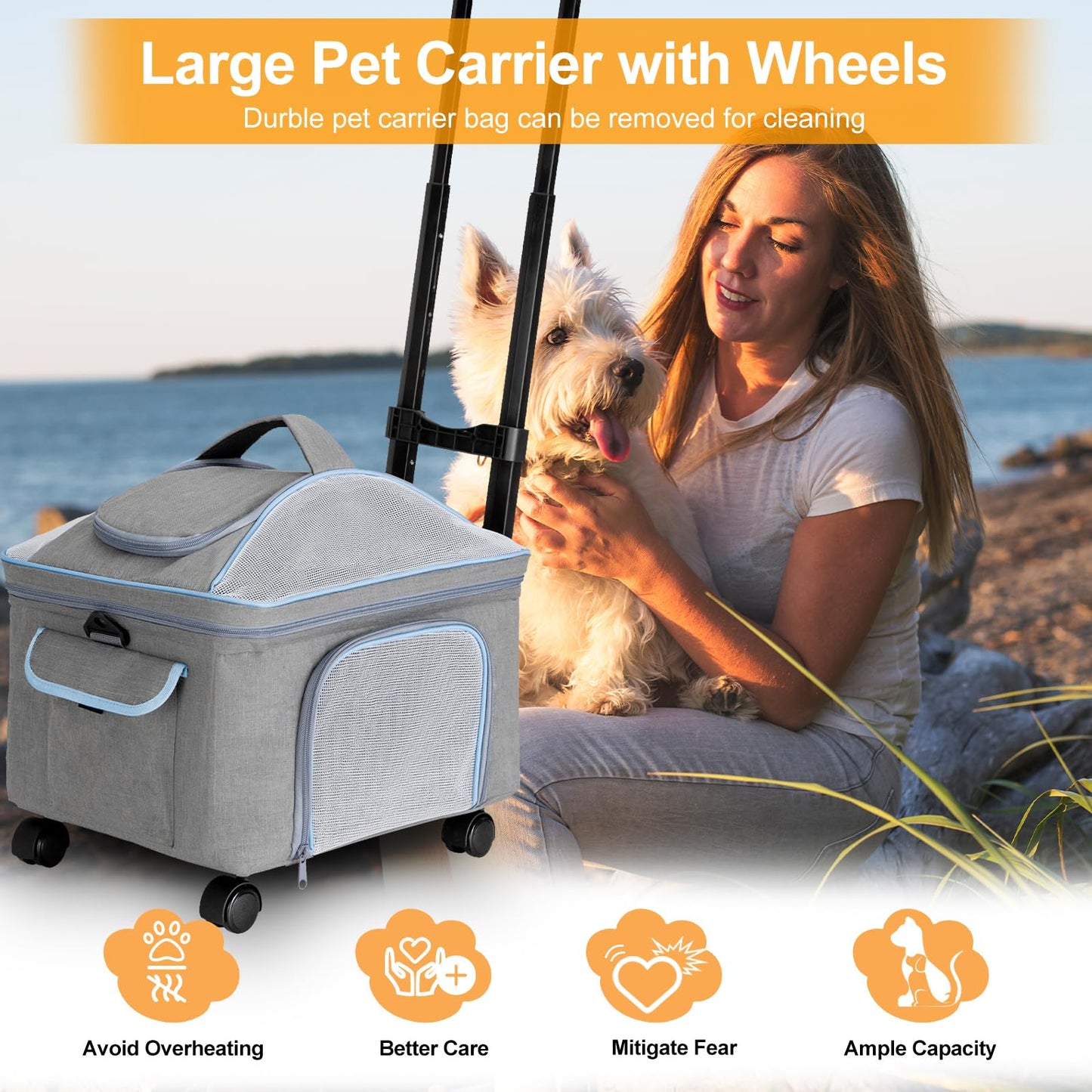NOVOLAB Pet Carrier for Small Dog Cat, Cat Dog Carrier with Wheels Soft Sided Dog Rolling Crate Cat Travel Bag up to 15 Lbs Pet Strollers for Small Pets