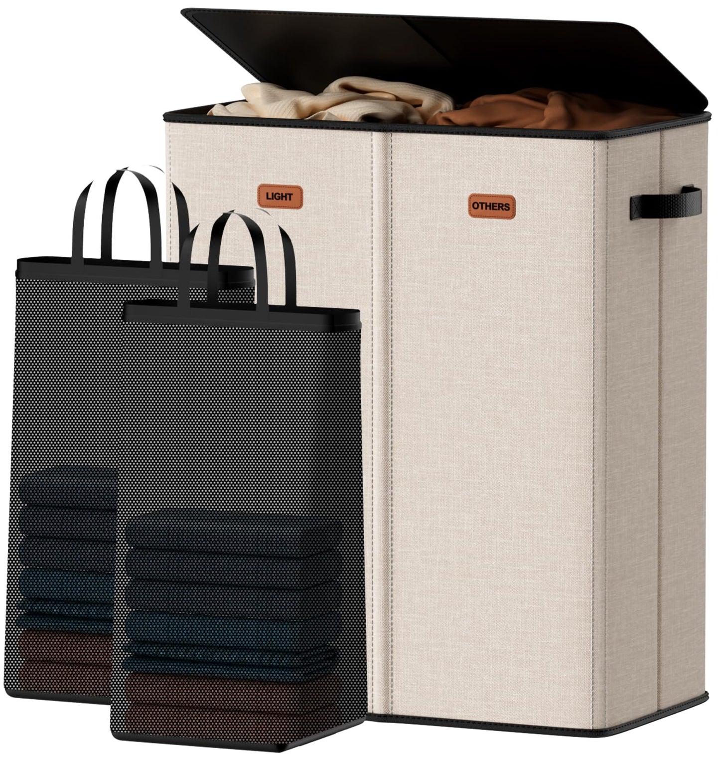 Vexalora 150L Double Laundry Hamper With Lid, Large Clothes Hampers with Removable Bag, Laundry Hamper 2 Section for Bathroom, Bedroom, Laundry Room, Dorm, Beige