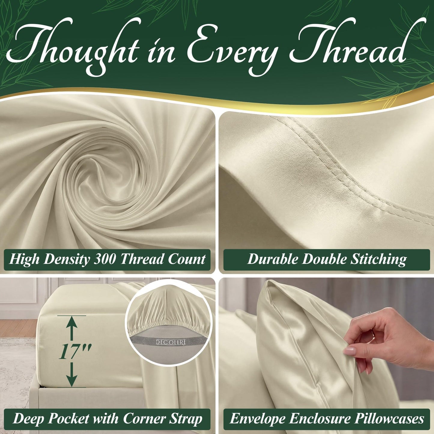 DECOLURE 100% Organic Viscose Derived from Bamboo Sheets Full Size 6pcs - Ultra Soft & Luxuriously Cooling, 17" Deep Pocket, Double Stitching, Perfect for Hot Sleepers - Full Bed Sheets (Creme)
