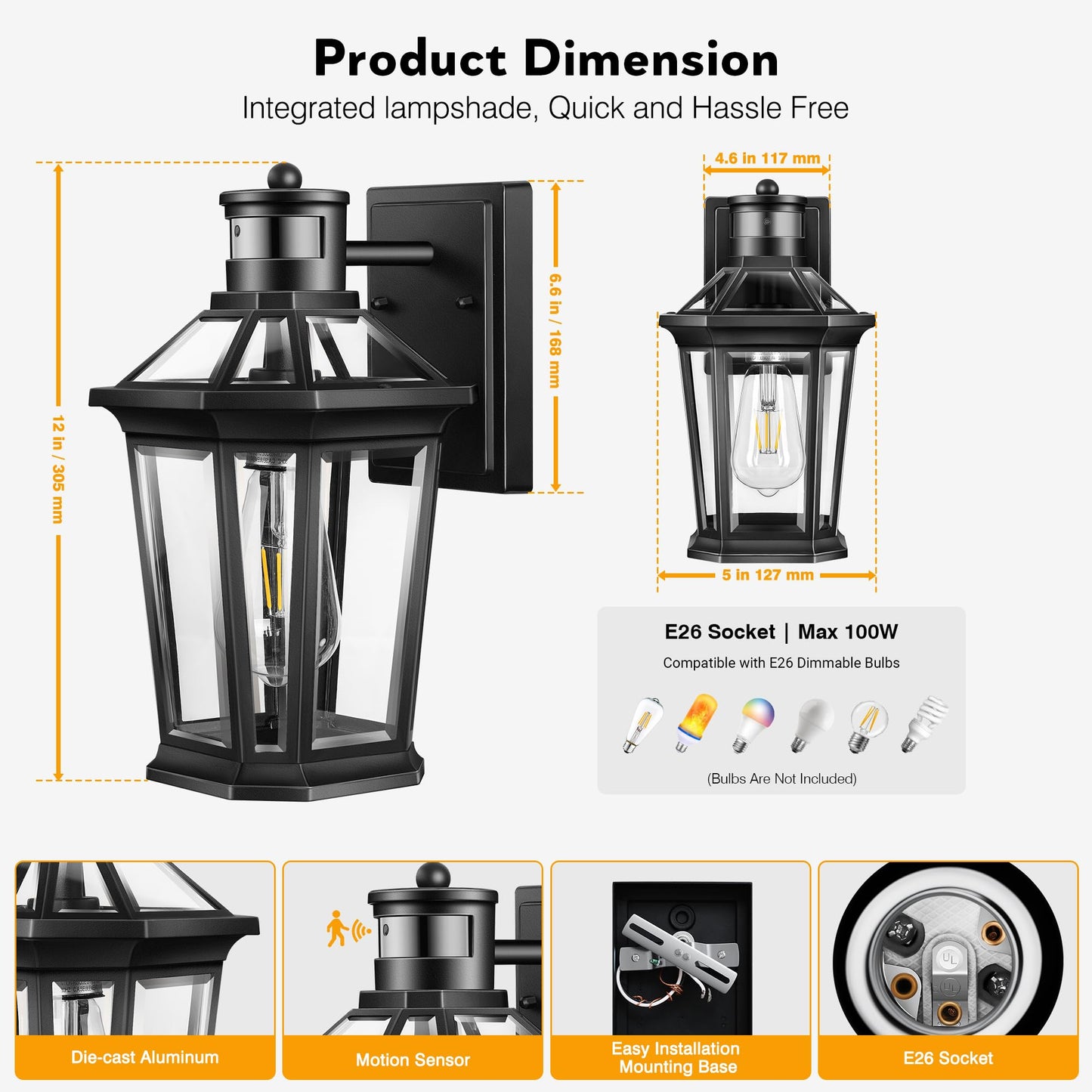 VIANIS Motion Sensor Outdoor Lighting, Outdoor Wall Lights Wall Mount with Clear Glass, Black Dusk to Dawn Garage Light Sconce, Waterproof Exterior Lights for House, Brightness Distance Adjustable