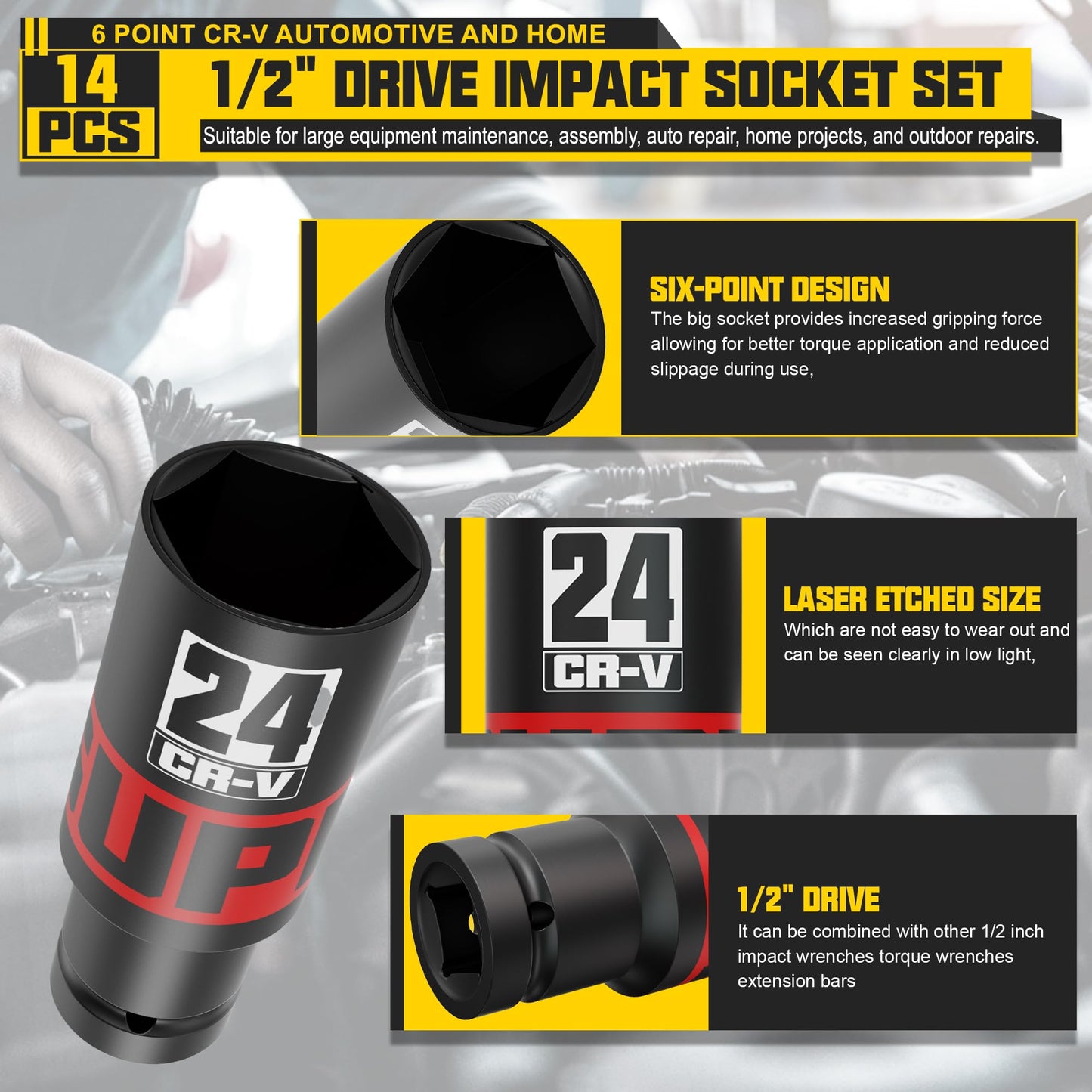 KIRXST 1/2" Drive 14-Piece Impact Socket Set, 10-24mm Thicker Deep Sockets with Heavy Duty Storage Case and 1/2 to 1/4 Impact Wrench Adapter, Socket Set for Automotive and Home, Metric, 6 Point