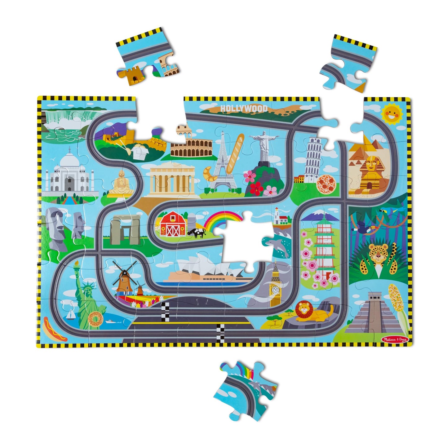 Melissa & Doug Race Around the World Tracks Cardboard Jigsaw Floor Puzzle and Wind-Up Vehicles (48 Pcs) for Preschoolers and Kids Ages 4+ - FSC Certified