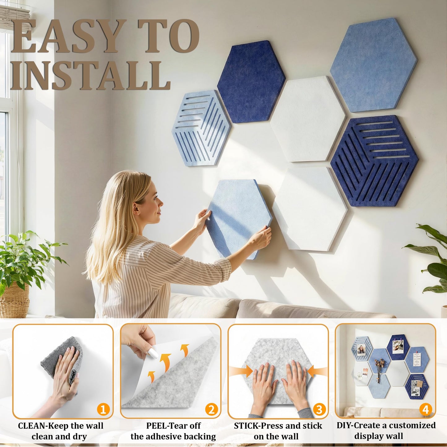 Hexagon Large Felt Bulletin Board Tiles - Cork Board Alternative for Wall 8 Pack Pin Board with 40 Push Pins, DIY Decor for Office Home Classroom Photos Memos