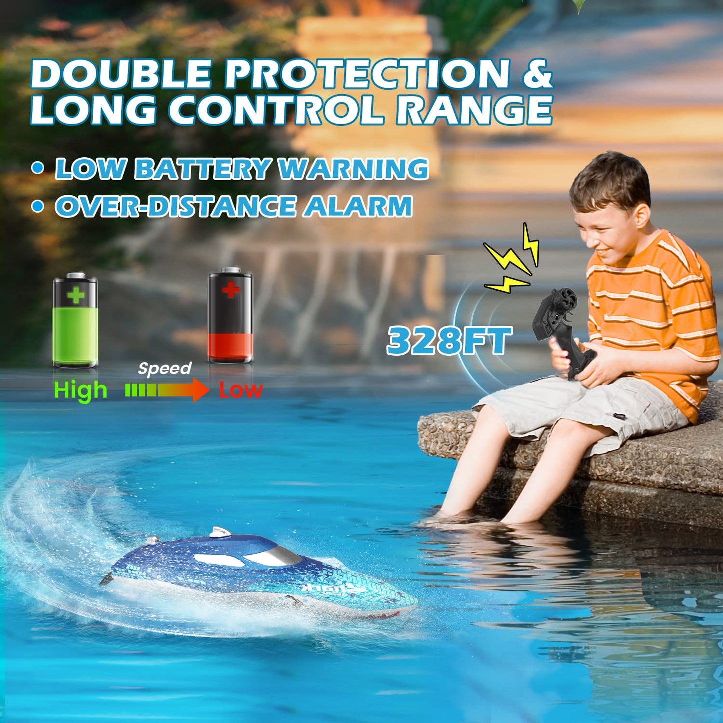 DEERC High Speed RC Racing Boat W/Shark Graffiti, 20+ MPH, Fast Remote Control Boat W/LED Lights for Pools and Lakes, 2.4Ghz RC Shark Toy for Kids & Adults, Demo Mode, Capsize Recovery, Water Toy