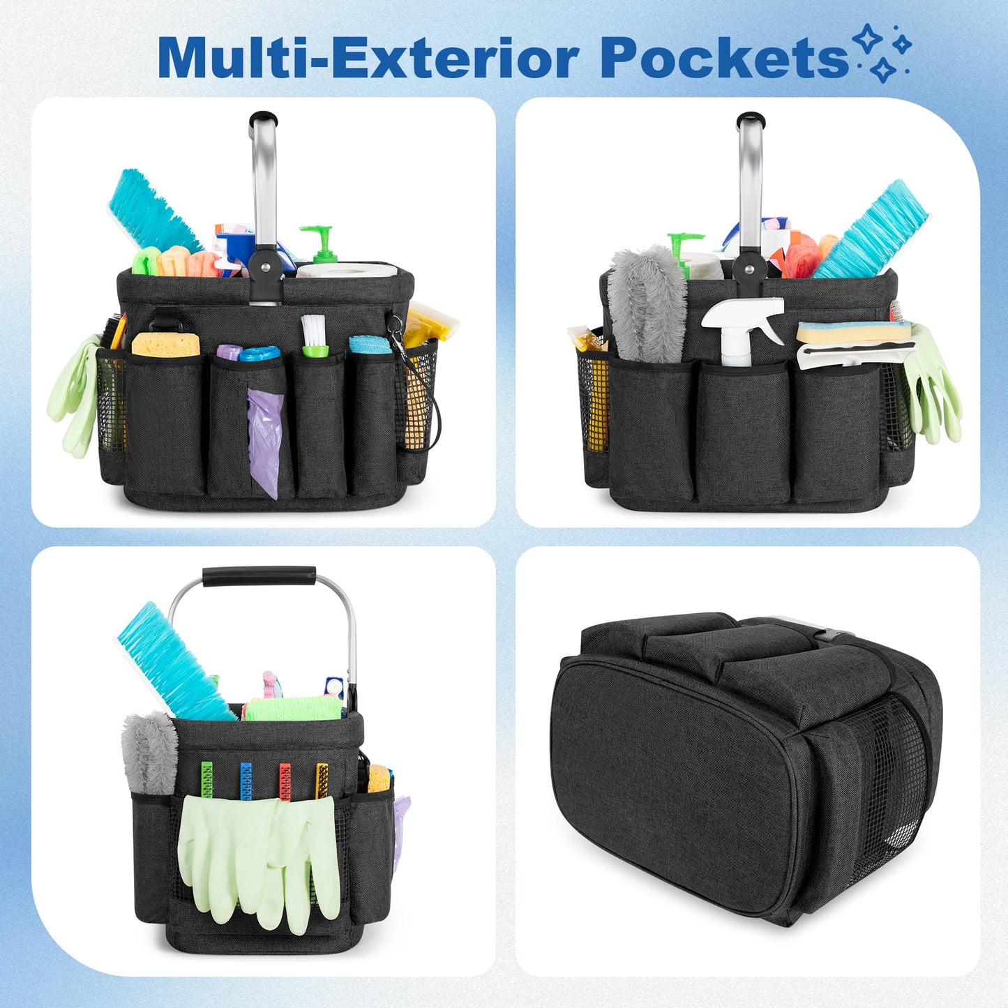 PGmoon Cleaning Caddy Organizer with Handle, Cleaning Tote Bag with Multiple Pockets for Cleaning Supplies, Products Storage, Housekeepers, Kitchen Cleaning Supplies (Black)