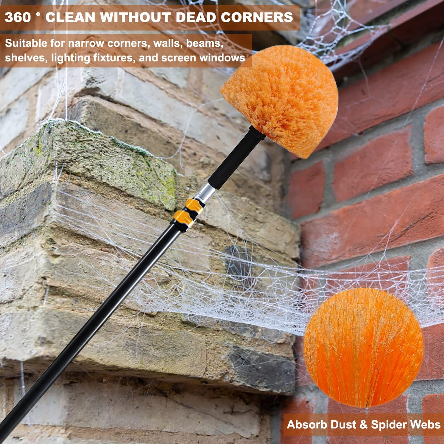 Twist-On Cobweb Duster Head Brush // Spider Web Brush for Outdoor & Indoor Web Cleaning // Fits Standard Acme Threaded Poles // Brush Head Only-Orange (4)