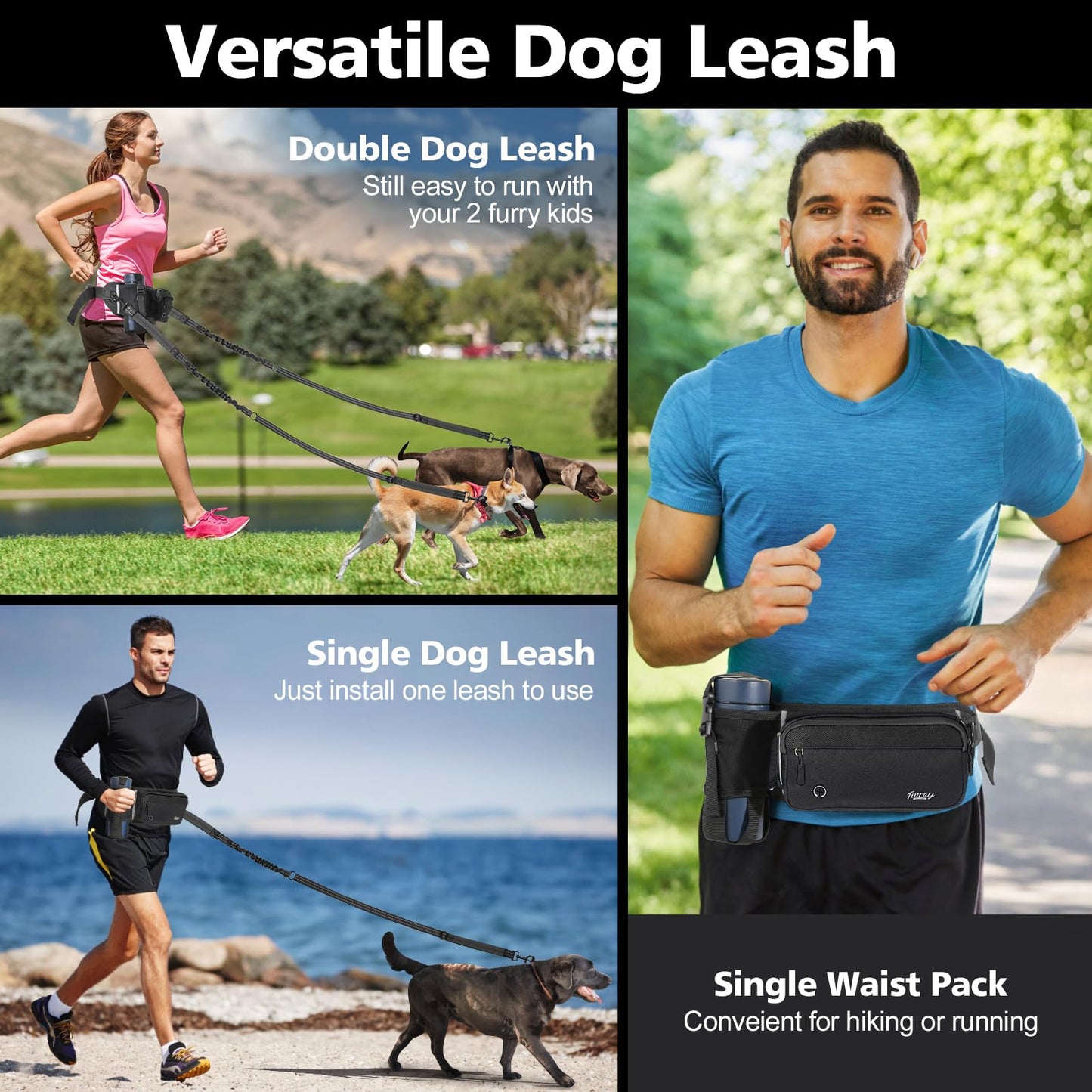Tivray Hands Free Dog Leash 2 Dogs, Adjustable Waist Leash for Dog Walking with Dual Bungees Padded Handle, Shock Absorbing Hands Free Belt for Small Medium-Sized Dogs Outdoor Activities, Black