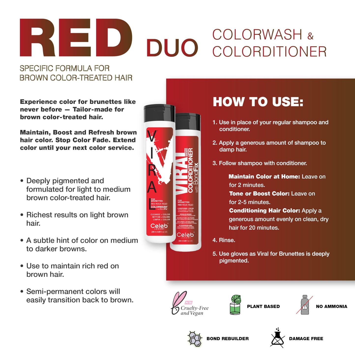 Celeb Luxury Red Duo Color Depositing Colorwash Shampoo & Conditioner Set for Brunettes + Bondfix Bond Rebuilder, Semi Permanent Hair Color, Vegan Hair Dye