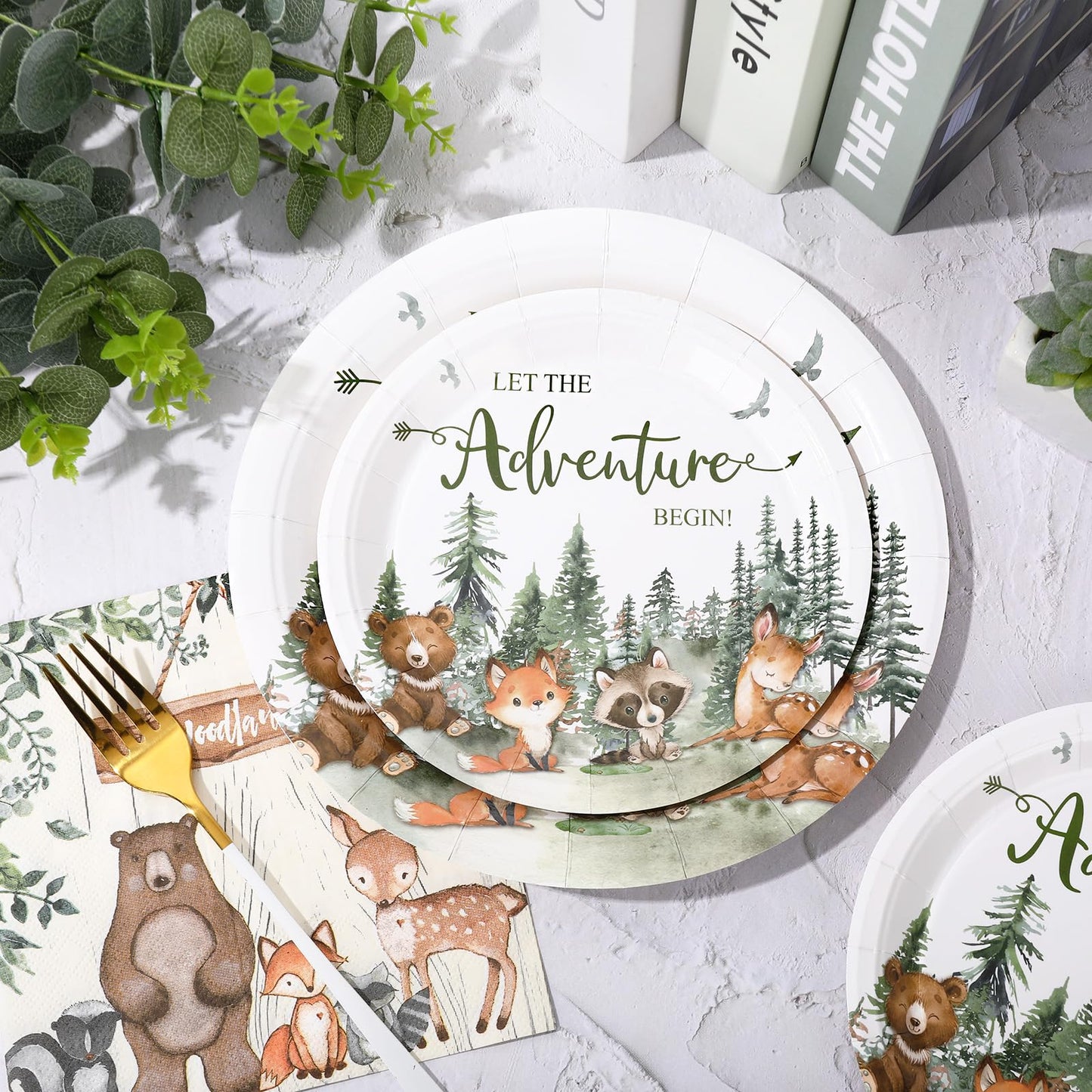 Whaline 72Pcs Adventure Awaits Party Supplies - Baby Shower Plates & Napkins - Woodland Animals Pattern - Disposable Tableware - 24 Guests - Paper Material - Casual Nature-Inspired Style