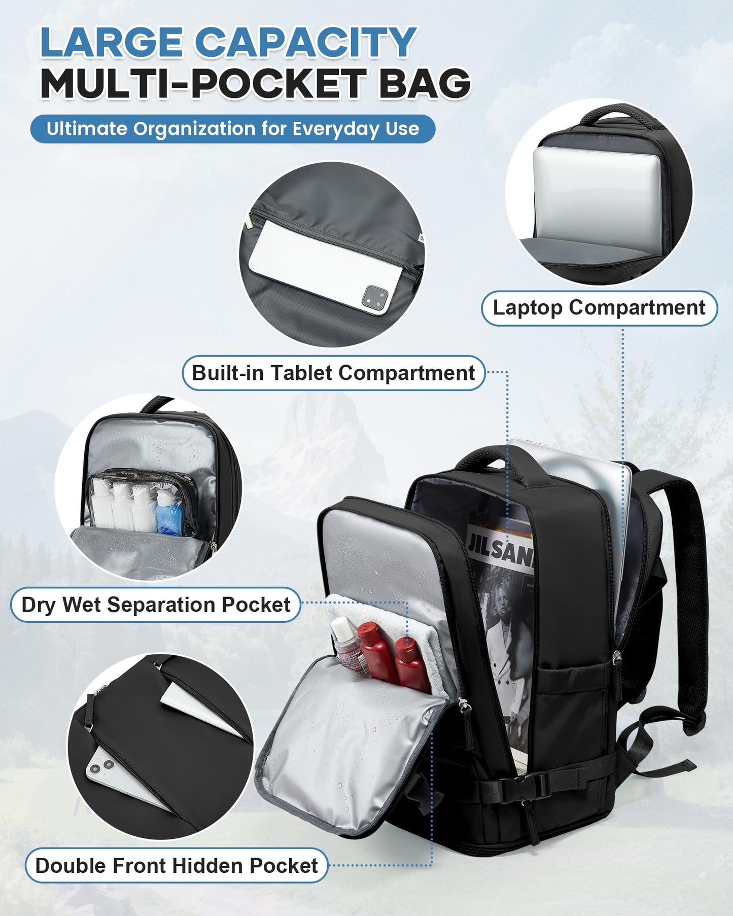 Cabin Bags for Travel, Underseat Carry-ons Bag for Women, Hand Luggage Bag Men Travel Backpack Cabin Size Fit 14 inch Laptop backpack Lightweight Version A20-Black