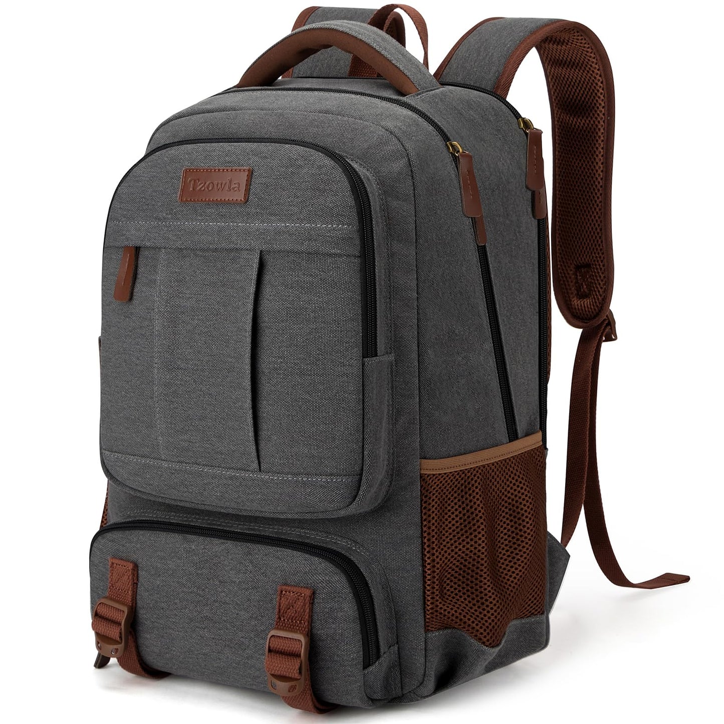 Tzowla Canvas Laptop Backpack Men,Bag for Women,School Travel College Work Rucksack Fits 15.6 Inch Laptop,Bookbag with USB Charging Port,Dark Grey