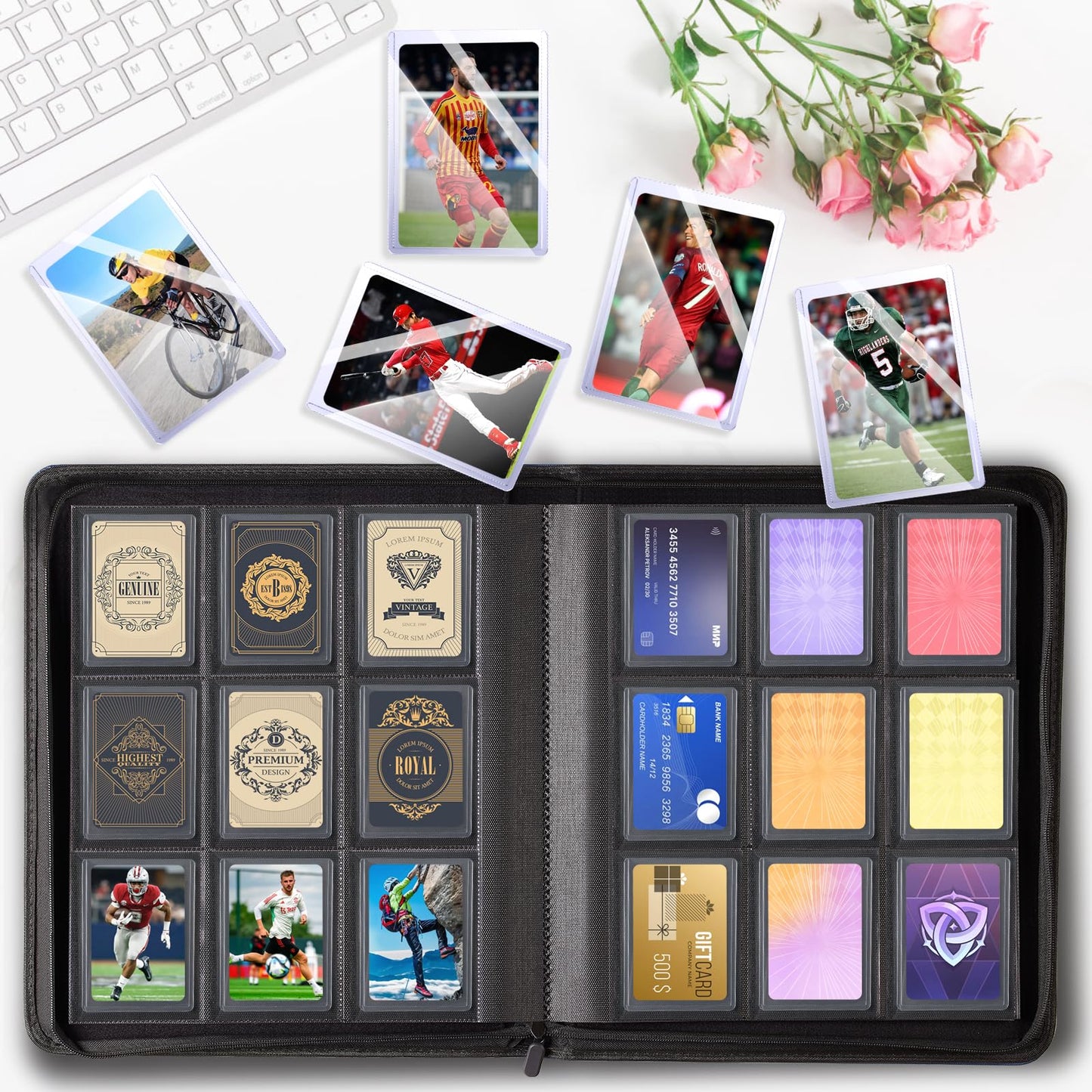 Top Loader Binder with 20 Toploader, JIQEZNL Premium 9 Pocket top loaders Binder for Cards, Holds 288 Toploaders, Top Loader Binders for Trading Cards, Fit for 3 x 4'' Toploaders -BK