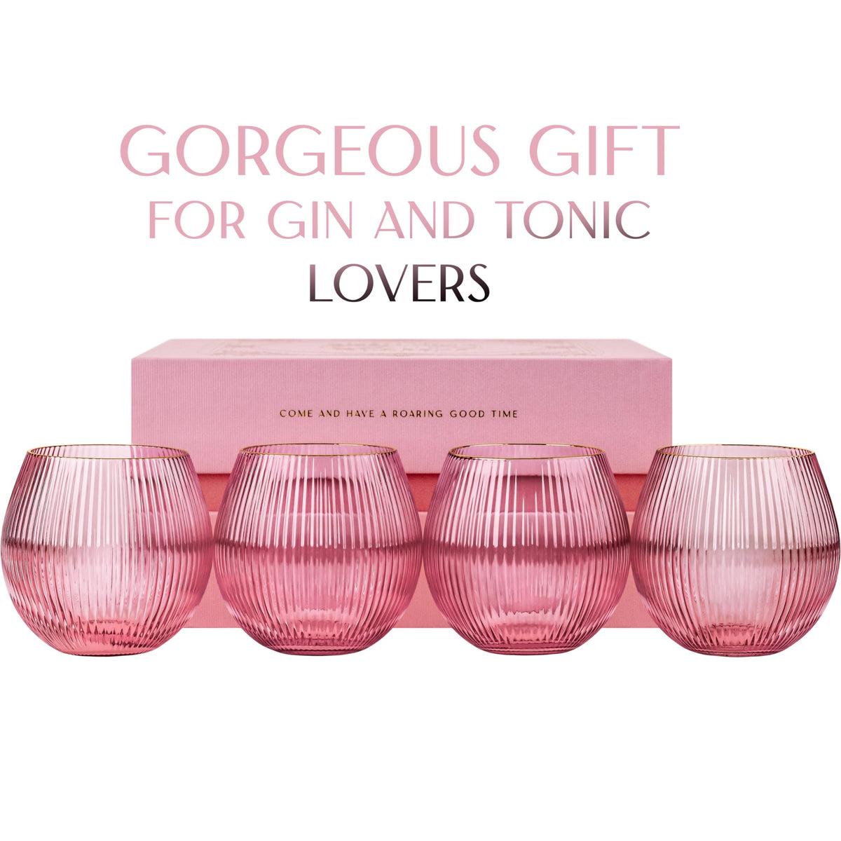 Vintage Blush Pink Art Deco Gin and Tonic Glasses With Gold Rims | Set of 4 | 13.5 oz Stemless Crystal Balloons for Cocktails | Retro Gift Goblets for Gin Lovers