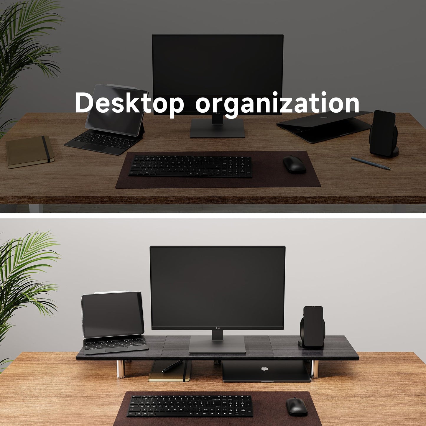 FENGE Dual Monitor Stand Riser, 39.4 Inch Height Adjustable Monitor Riser for Desk, Wood & Steel Monitor Stands for 2 Monitors, Laptop,Printer,TV, Black