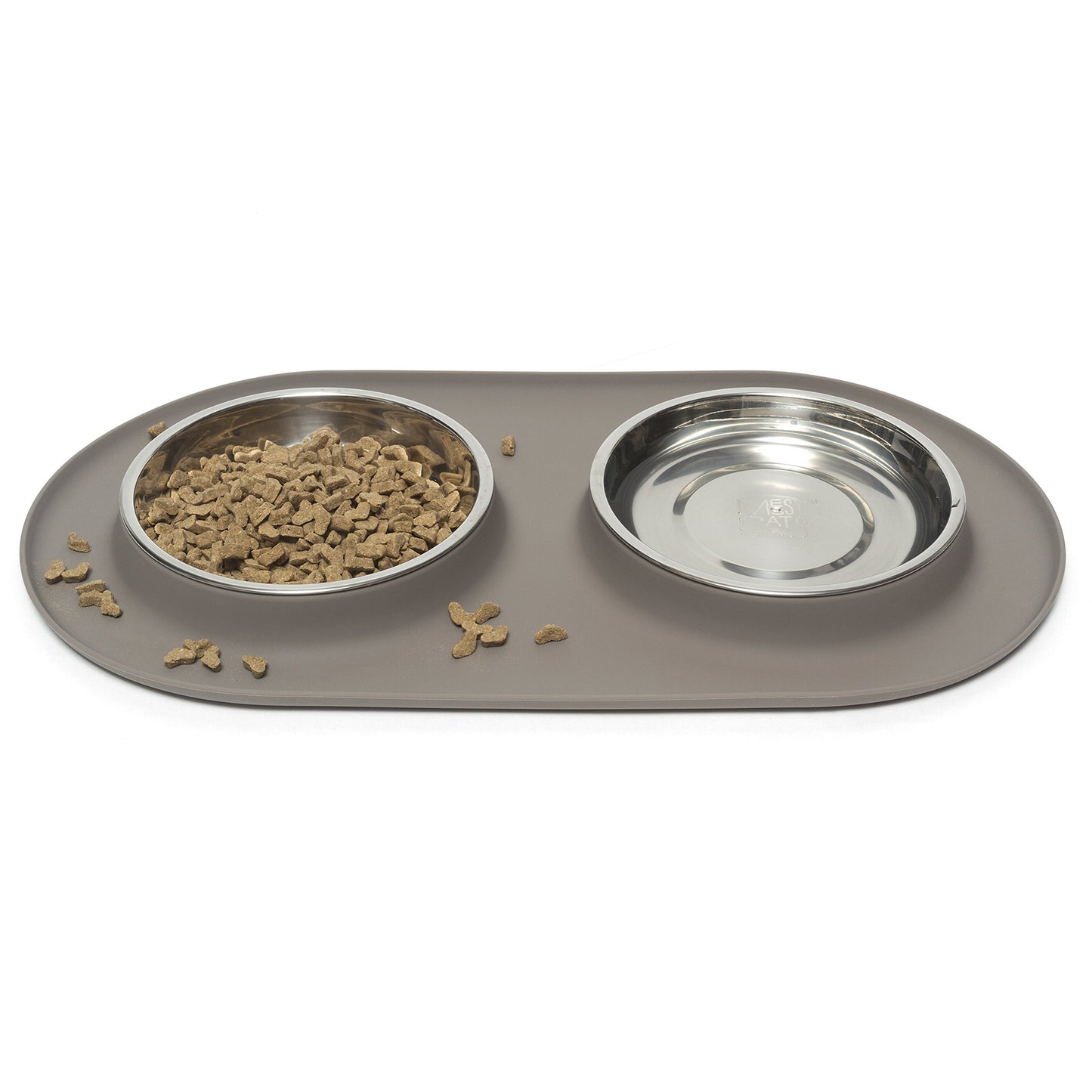 Messy Cats Double Silicone Feeder with Stainless Saucer Shaped Bowl | Anti-Slip Non-Skid Cat Food Bowls | Two Cat Bowls in Feeding/Water Station | 1.75 Cups per Bowl (Grey)