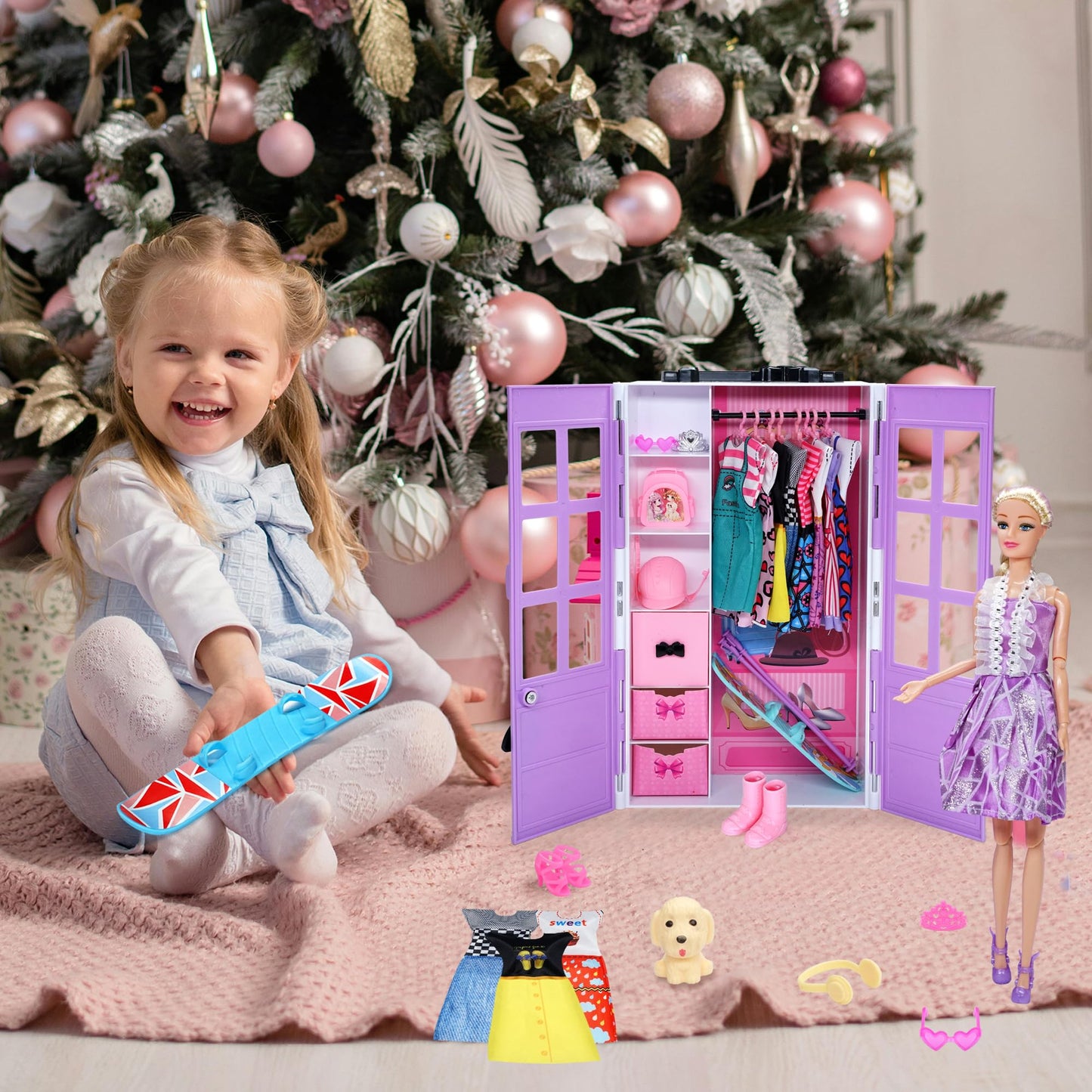 Doll Closet Clothes and Accessories - 135Pcs with Dolls Storage Organizer Wardrobe Sets, Princess Fashion Pack Playset Including Wedding Gowns/Dresses/Shoes/Outfit, Birthday Girls Gifts Age 345678