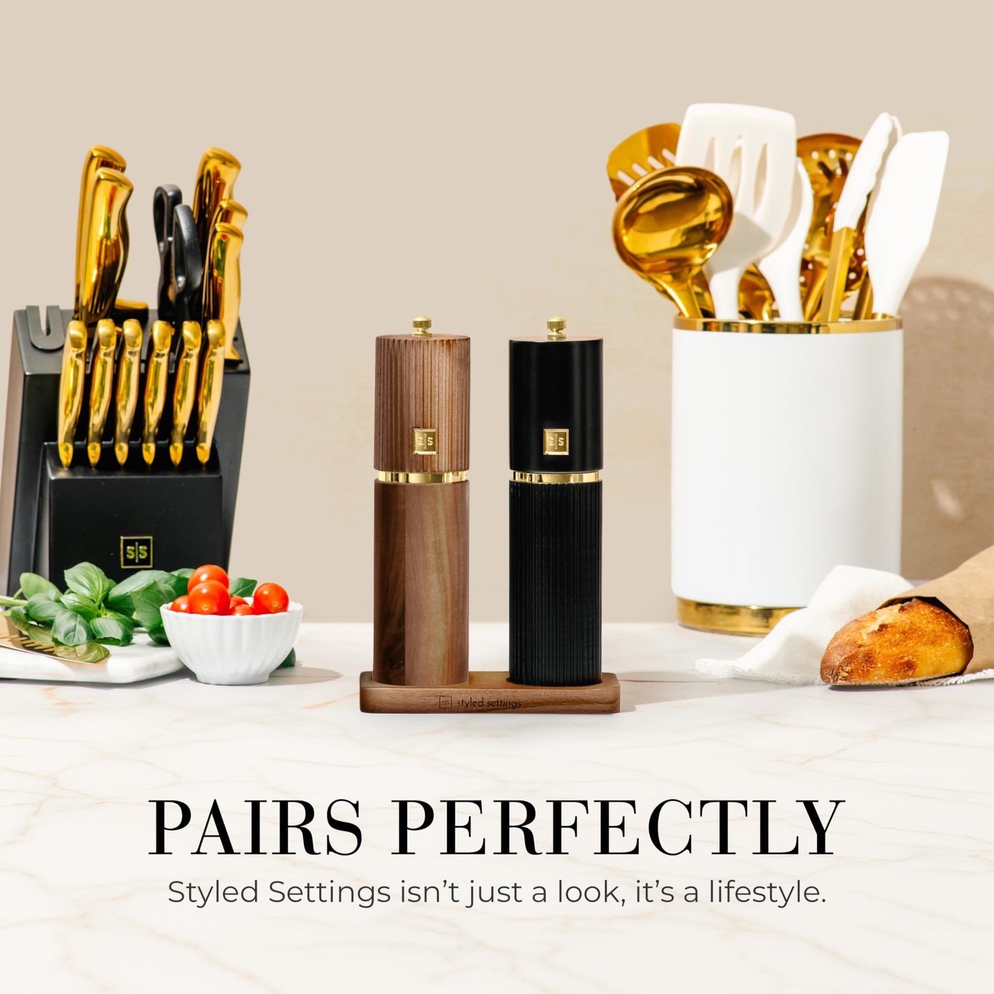 Wooden Salt and Pepper Grinder Set – Refillable Manual Salt and Pepper Mills with Adjustable Ceramic Burrs, Gold Detailing, and Acacia Wood Stand – Ideal Kitchen Gift