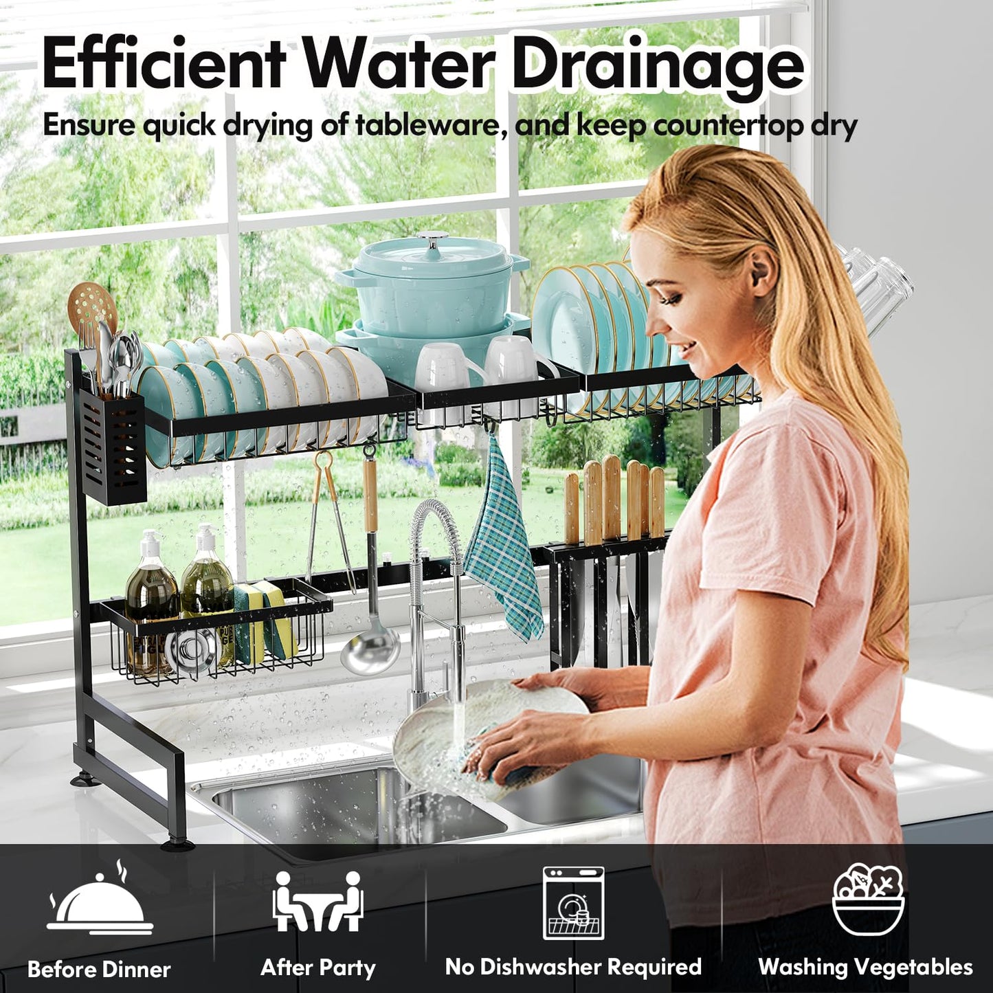 MAJALiS 2 Tier Over Sink Dish Drying Rack Stainless Steel Large Drainer for Kitchen, Height Adjustable Above Sink Shelf, Expandable Space Saving Over Counter Organizer with 6 Hooks, Black