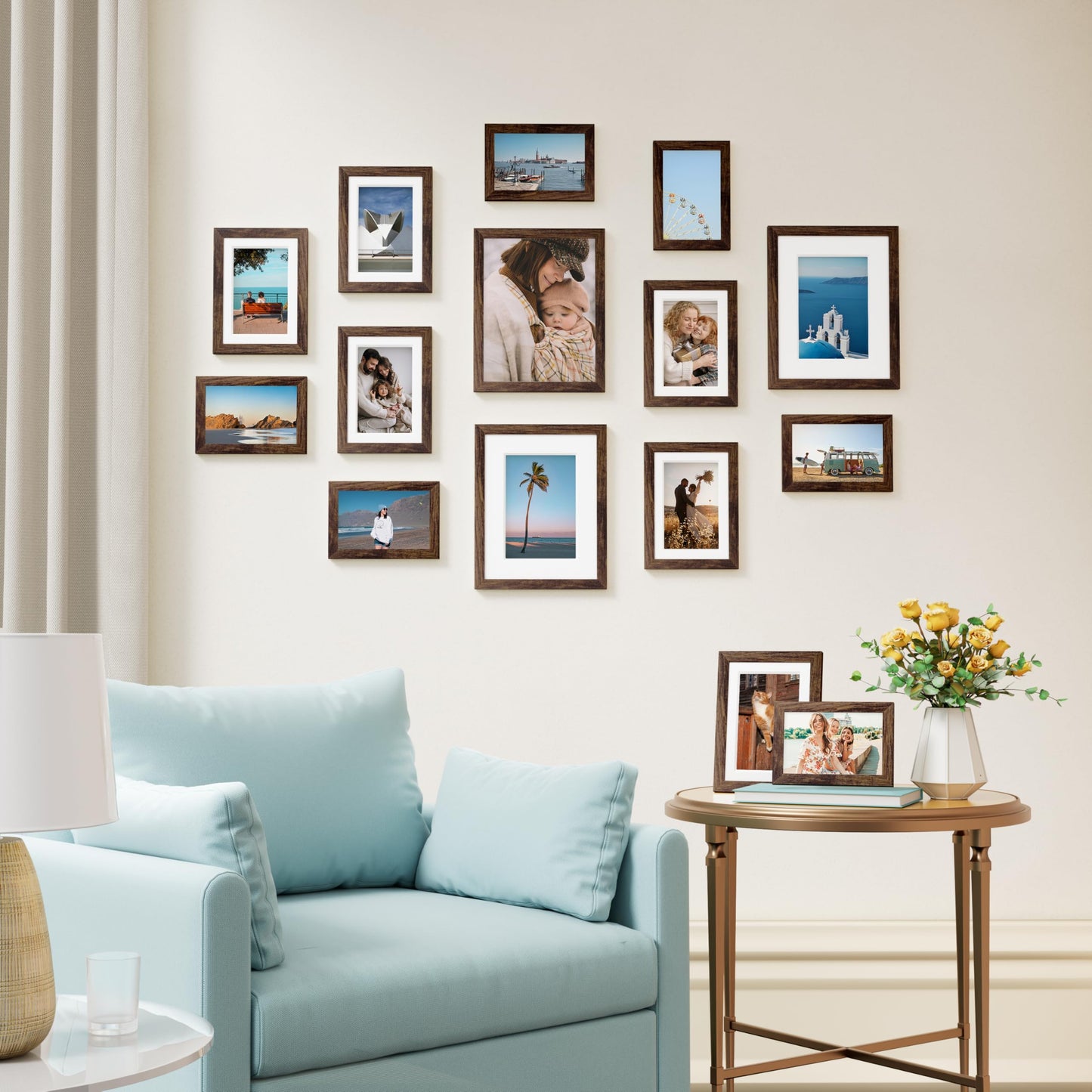 Vittanly 15 Pack Picture Frames Gallery Wall Frame Set for Mounting or Tabletop Display, Multi Sizes Collage Photo Frames Including 3pcs 8x10, 6pcs 5x7, 6pcs 4x6, Brown