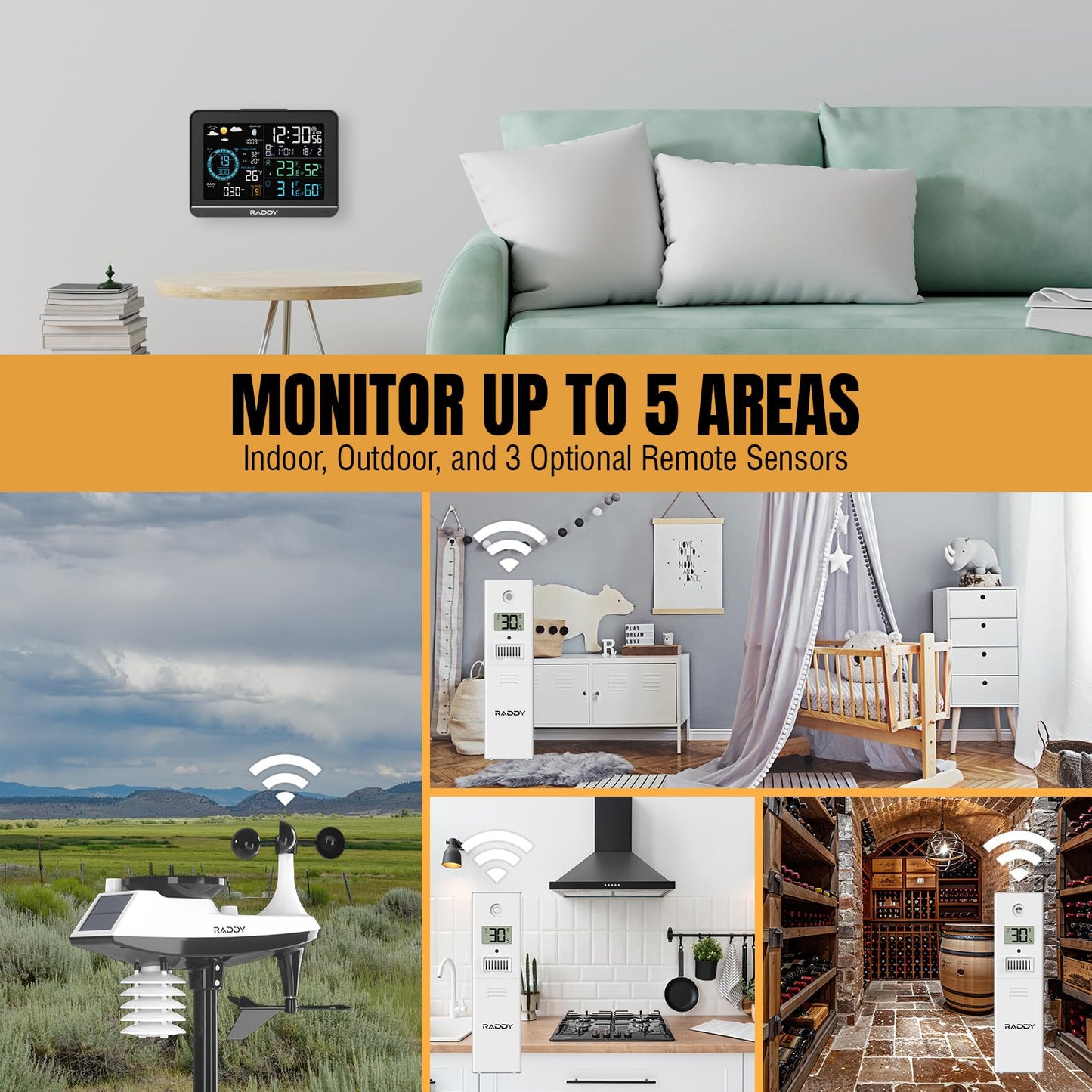 Raddy UV-6 Professional Weather Station with 6" VA Display and Outdoor Sensor, Wireless Indoor Outdoor Temperature & Humidity Monitor, Atomic Clock, UV & Light Index, Wind Speed, Rain Gauge