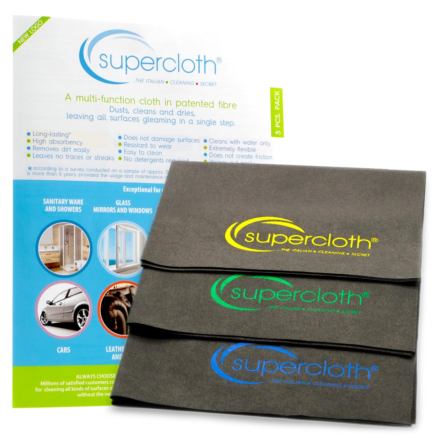 Supercloth® Premium Microfiber Cleaning Cloth, All-Purpose, Lasts Over 5 Years, Streak-Free, Multicolored (3pk)