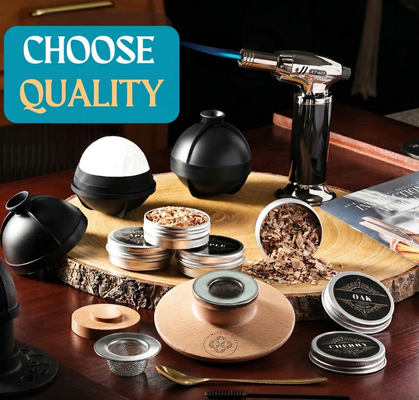 Whiskey Smoker Kit - Cocktail Smoker with Torch, 2 Ice Ball Makers, 6 Flavors Wood Chips, 2 Custom Burn Guard Filters - Old Fashioned Smoker Kit - Drink Smoke Infuser - Fumoir a Whisky