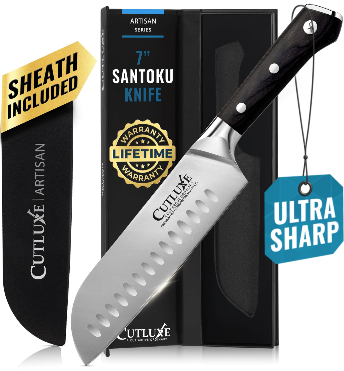 Cutluxe Santoku Knife – 7" Chopping Knife, Vegetable Knife – Forged High Carbon German Steel, Sheath Included, Full Tang, Razor Sharp, Ergonomic Handle Design – Artisan Series